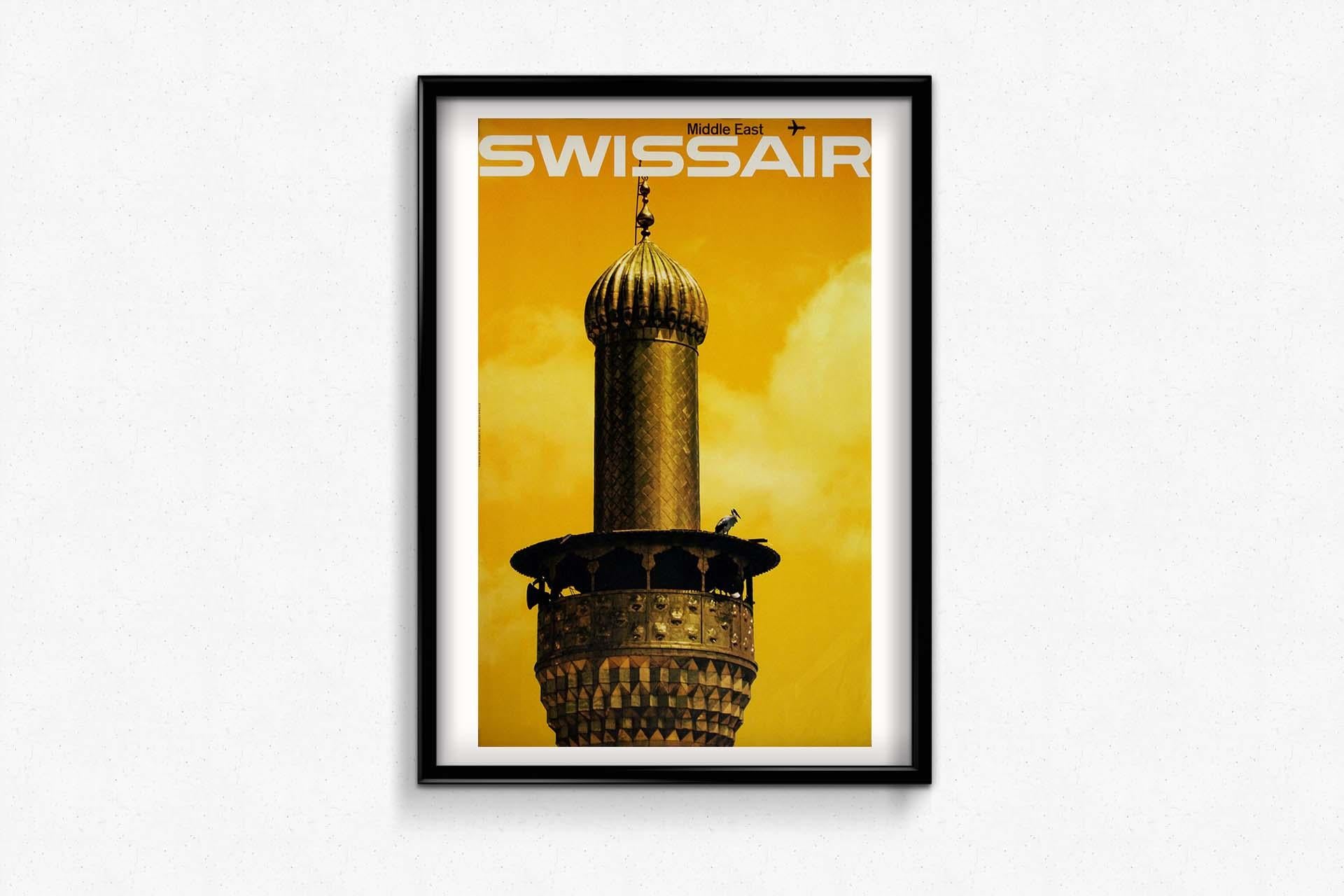The 1964 original travel poster by Bingler Manfred for Swissair, promoting travel to the Middle East, exemplifies the era's fascination with exotic destinations and the burgeoning accessibility of international air travel. This poster captures the