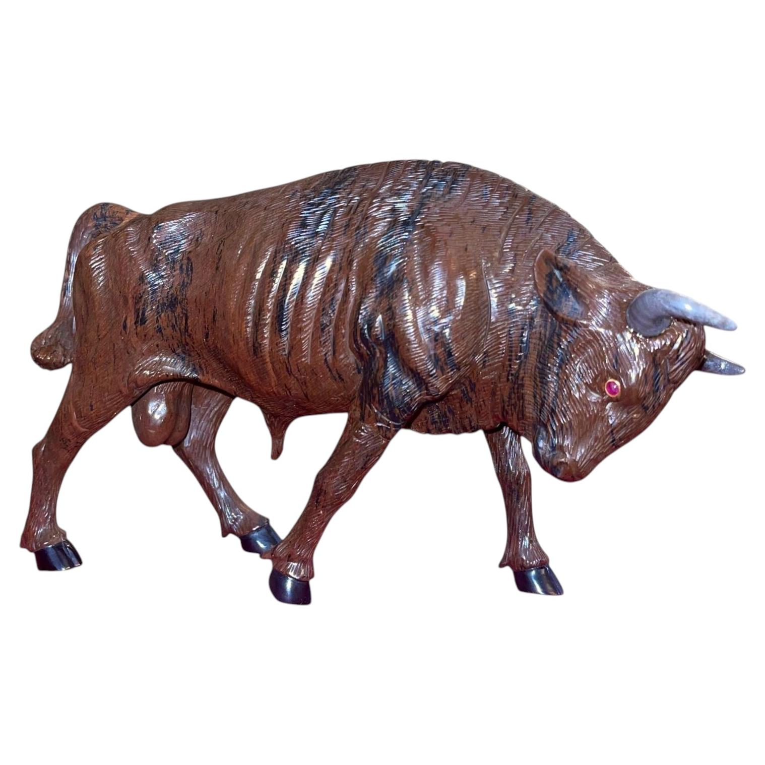 Manfred Gettman Attrib. Brown & Black Obsidian Bull Sculpture. Germany, 20th C. For Sale