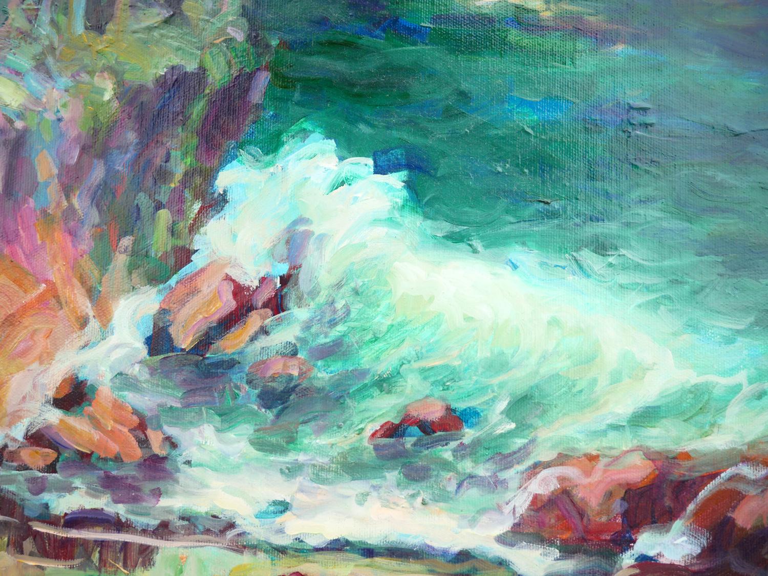 Pink, Teal, Blue, and Green Impressionist Crystal Cove at Laguna Beach Painting For Sale 5