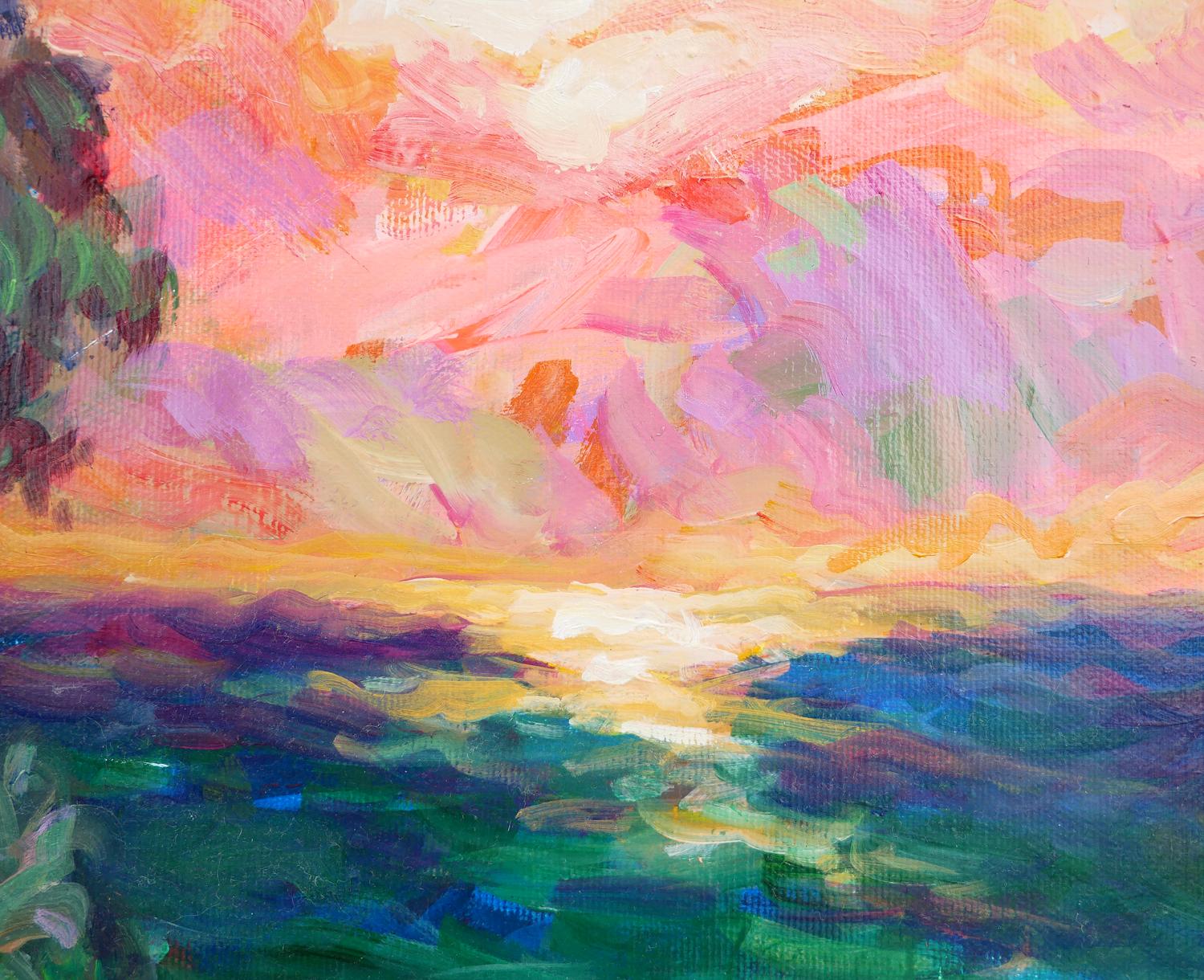Pink, Teal, Blue, and Green Impressionist Crystal Cove at Laguna Beach Painting For Sale 6