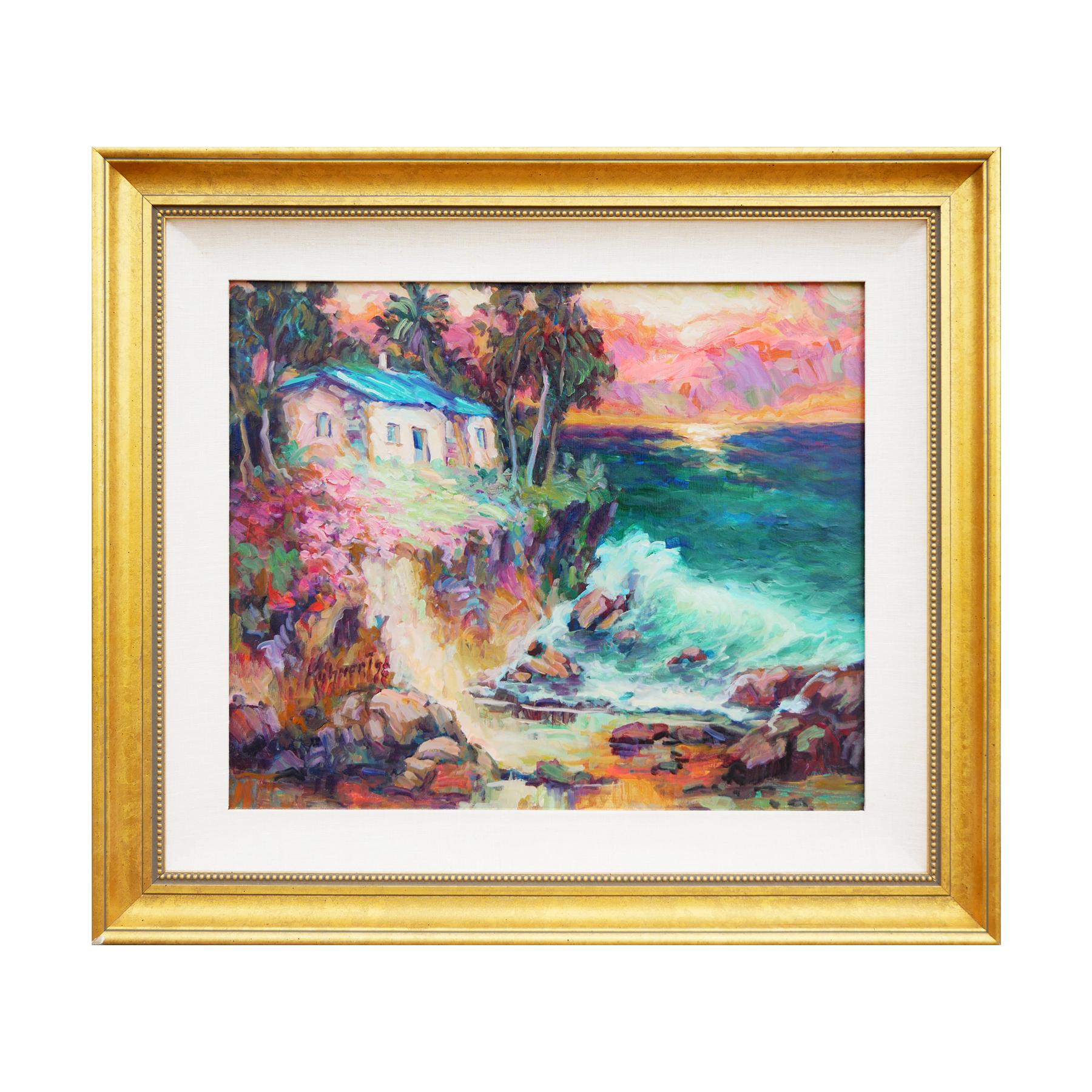 Impressionistisches Gemälde im Rosa-, Teal-, Blau- und Grünton-Stil von Laguna Beach – Painting von Manfred H. Kuhnert
