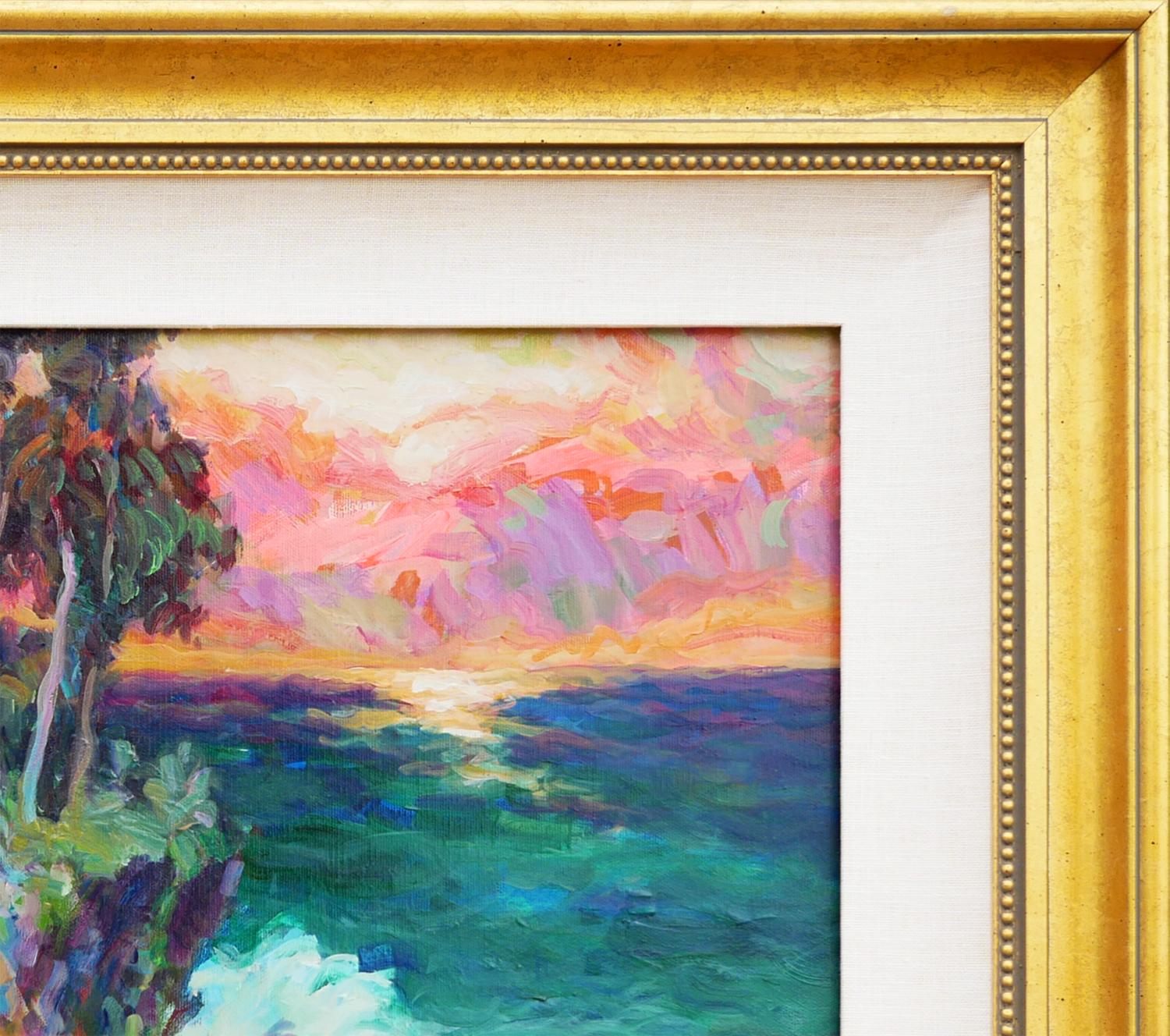 Wunderschönes abstraktes impressionistisches Gemälde in Juwelentönen von Manfred H. Kuhnert. Das Gemälde zeigt die Meereslandschaft am Crystal Cove Laguna Beach. Ein kleines Haus steht auf einer Ebene, auf der die Wellen des Ozeans aufschlagen.