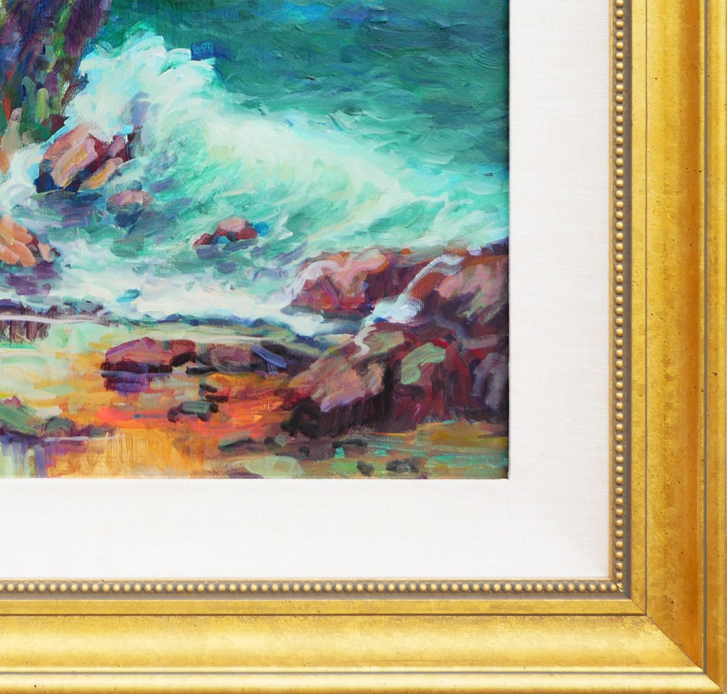 Pink, Teal, Blue, and Green Impressionist Crystal Cove at Laguna Beach Painting For Sale 1