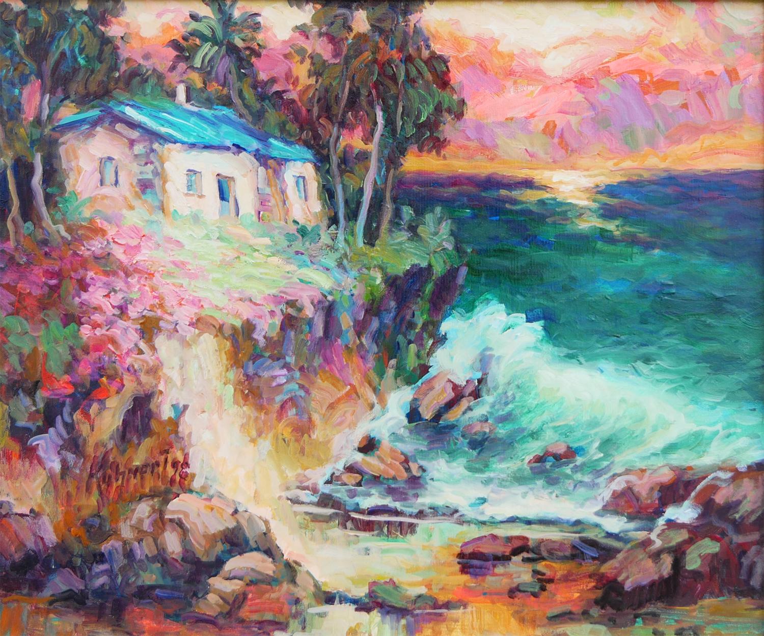 Pink, Teal, Blue, and Green Impressionist Crystal Cove at Laguna Beach Painting For Sale 2