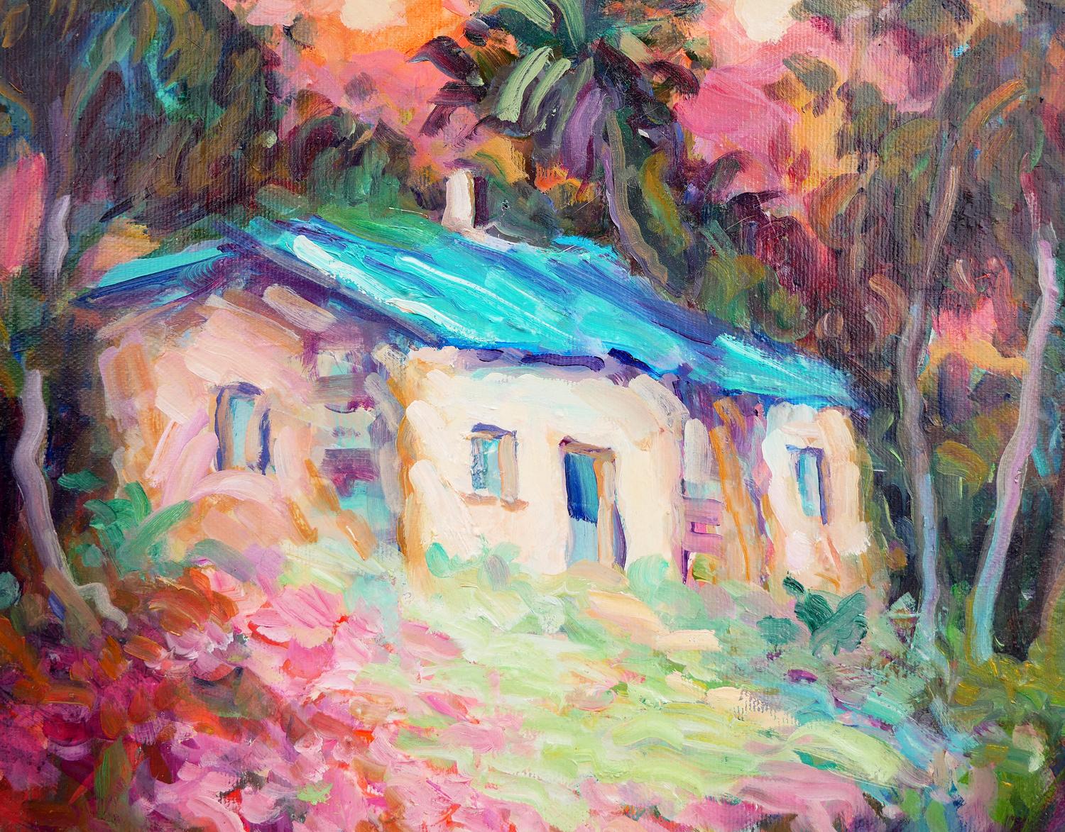 Pink, Teal, Blue, and Green Impressionist Crystal Cove at Laguna Beach Painting For Sale 3