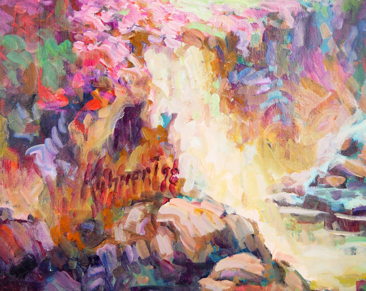 Pink, Teal, Blue, and Green Impressionist Crystal Cove at Laguna Beach Painting For Sale 4