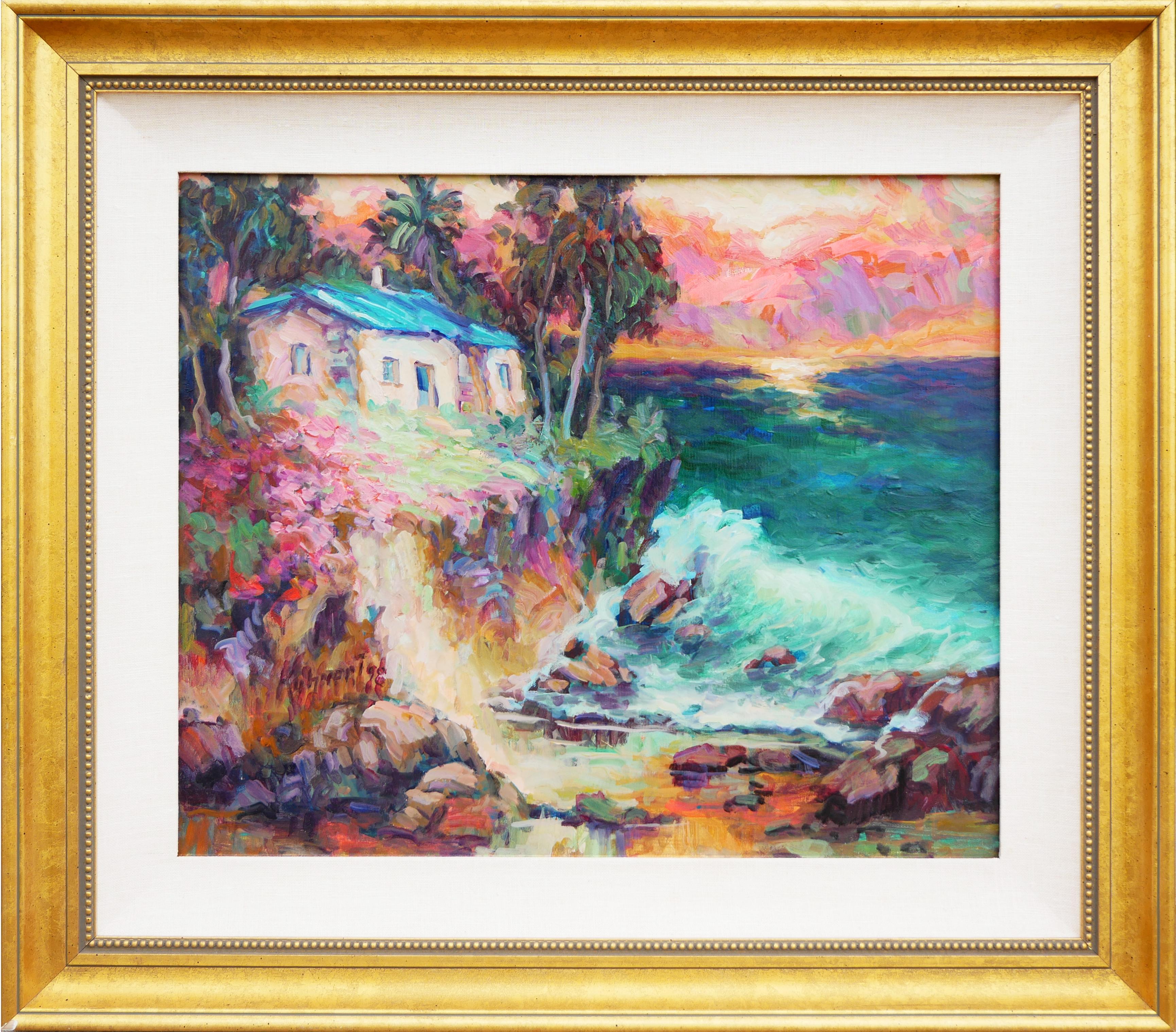 Manfred H. Kuhnert Abstract Painting - Pink, Teal, Blue, and Green Impressionist Crystal Cove at Laguna Beach Painting