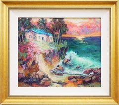 Impressionistisches Gemälde im Rosa-, Teal-, Blau- und Grünton-Stil von Laguna Beach