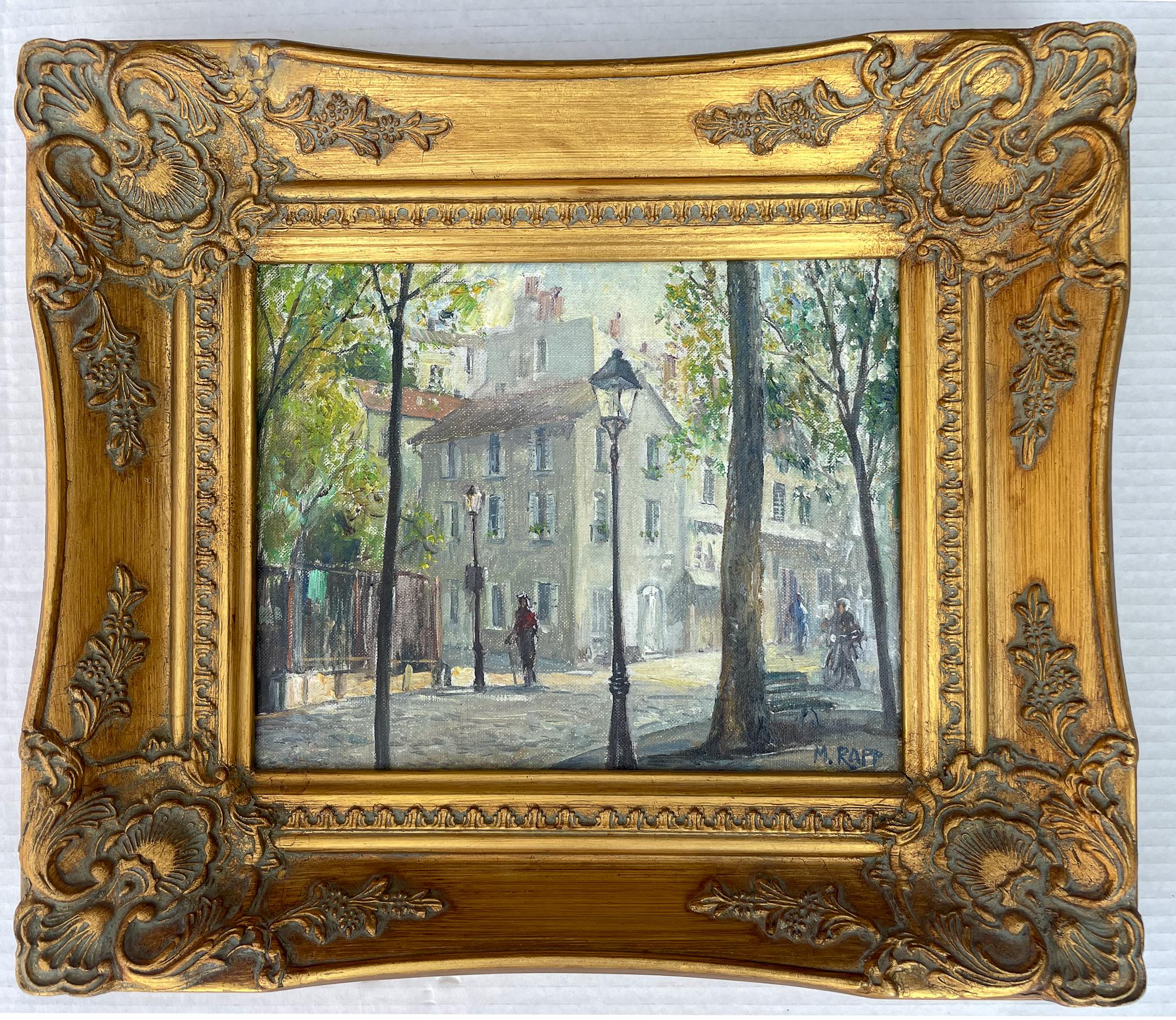 « Place de Abbesses », peinture naturaliste de la ville de Paris, rue Montmarte au printemps - Painting de Manfred Rapp