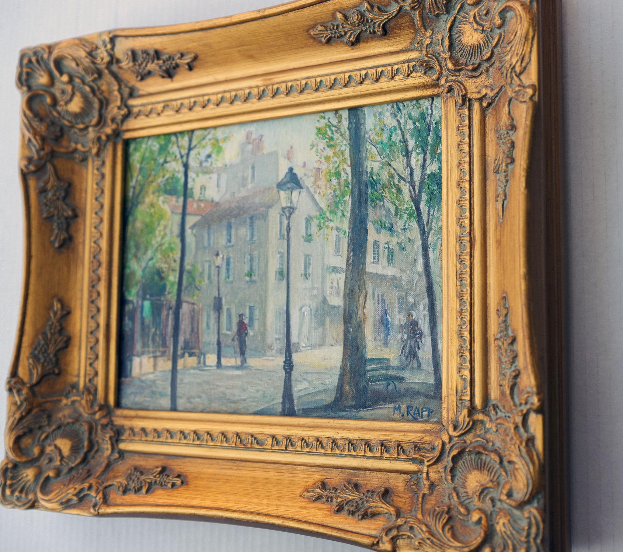 « Place de Abbesses », peinture naturaliste de la ville de Paris, rue Montmarte au printemps - Impressionnisme américain Painting par Manfred Rapp
