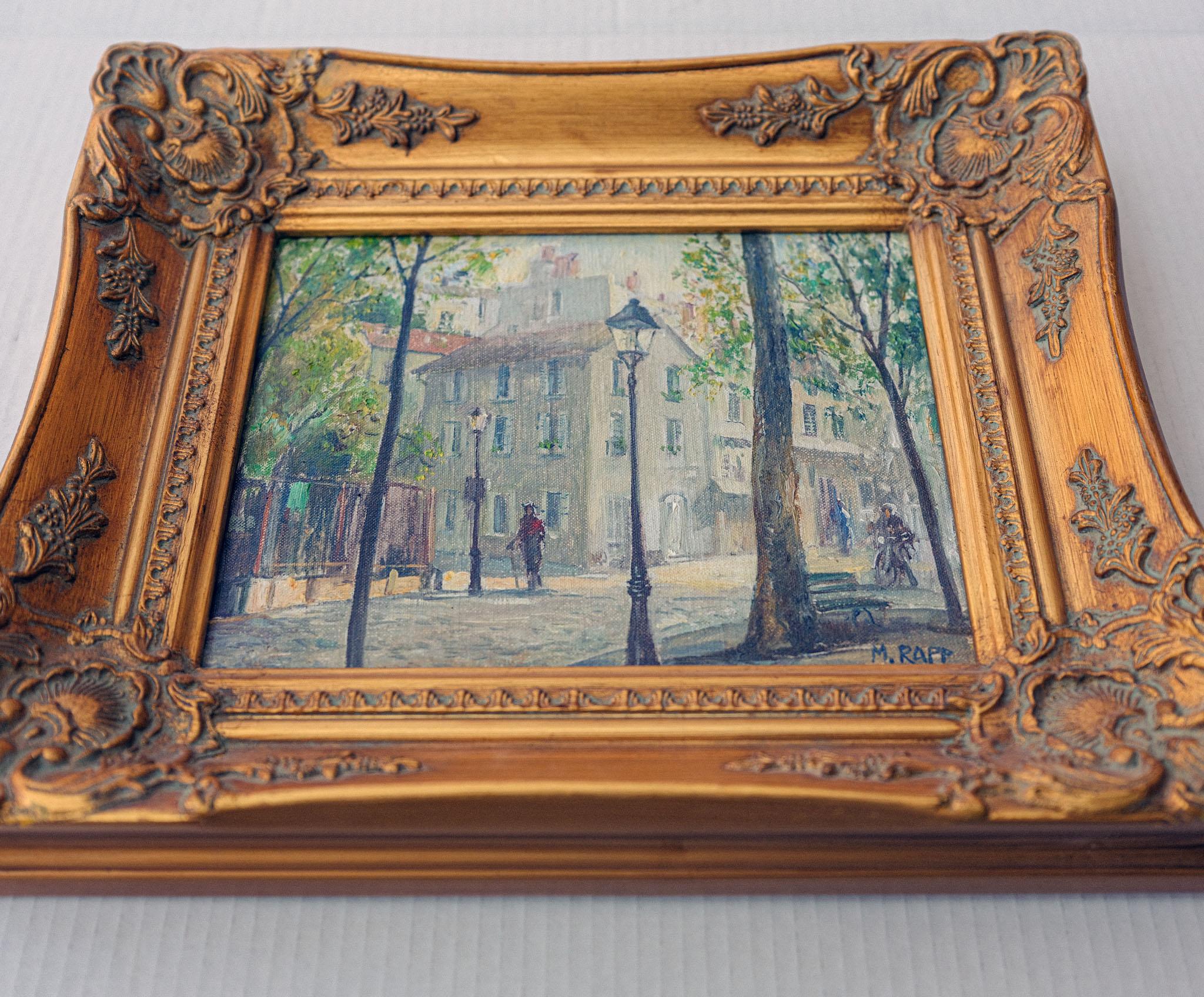 « Place de Abbesses », peinture naturaliste de la ville de Paris, rue Montmarte au printemps en vente 1