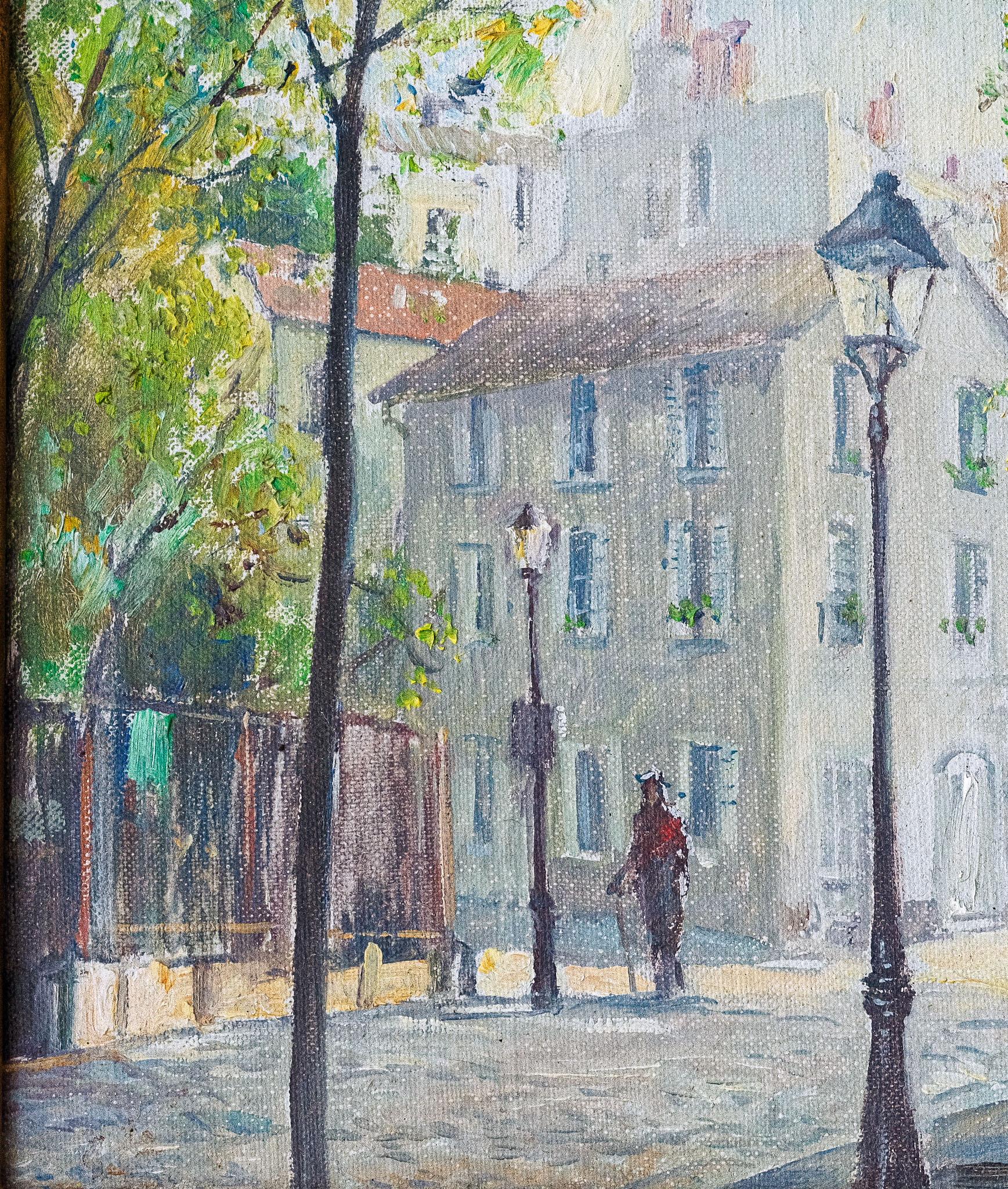 « Place de Abbesses », peinture naturaliste de la ville de Paris, rue Montmarte au printemps en vente 2