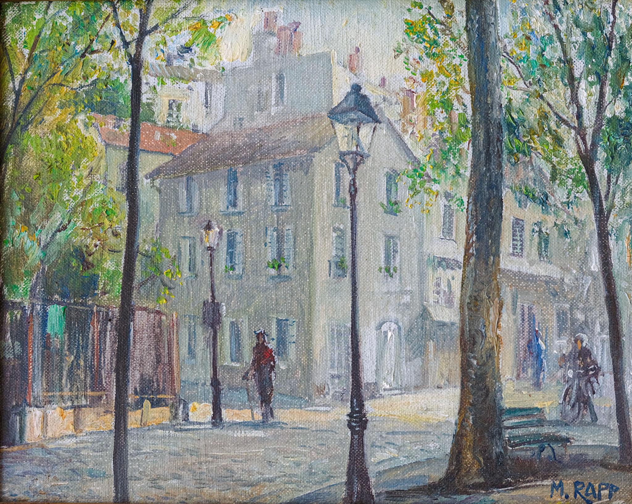 Landscape Painting Manfred Rapp - « Place de Abbesses », peinture naturaliste de la ville de Paris, rue Montmarte au printemps