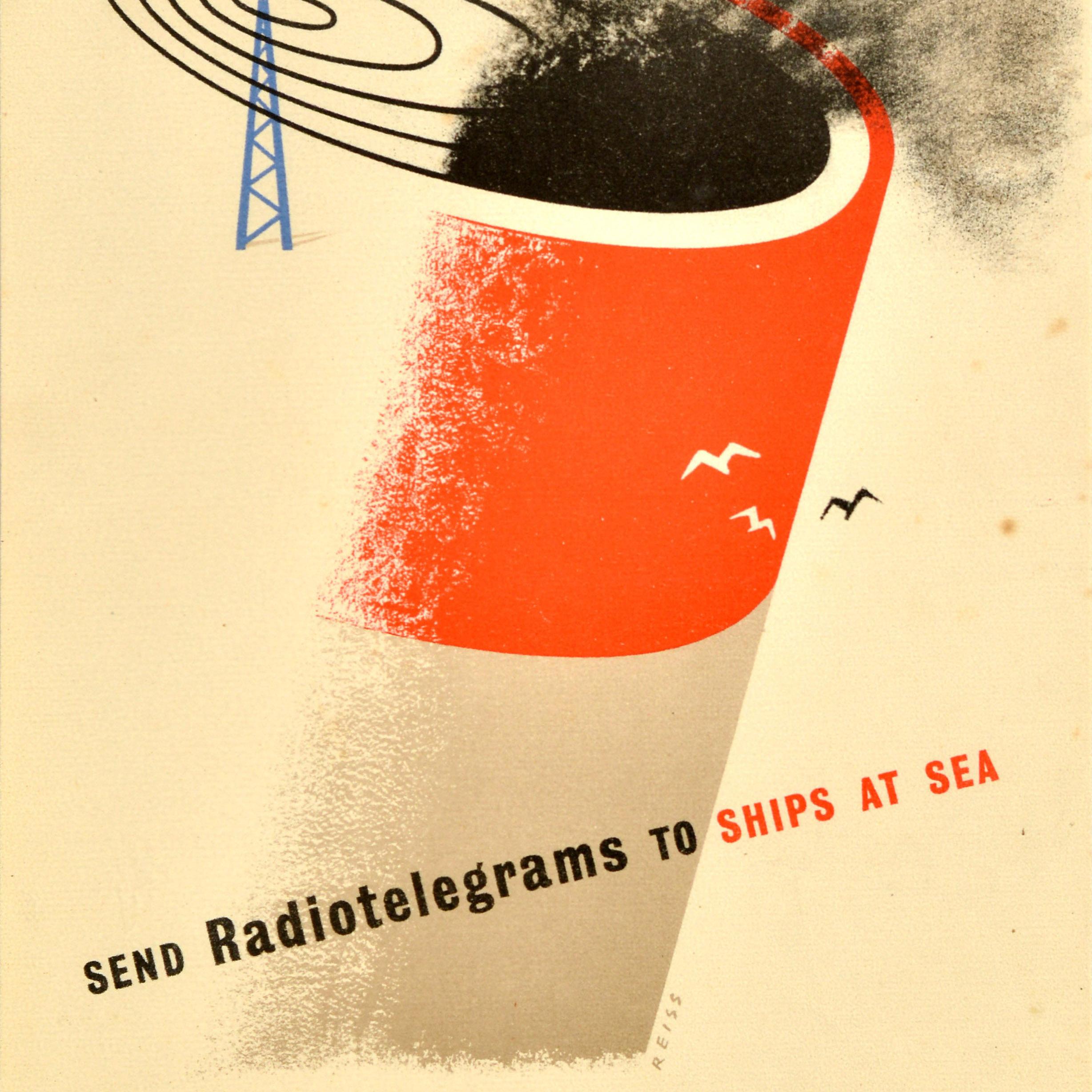 Original Vintage General Post Office Poster Send Radiotelegrams To Ships At Sea - Orange Print by Manfred Reiss