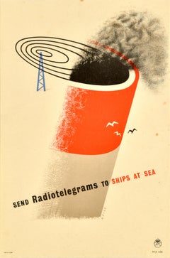 Original Vintage General Post Office Poster Send Radiotelegrams To Ships At Sea