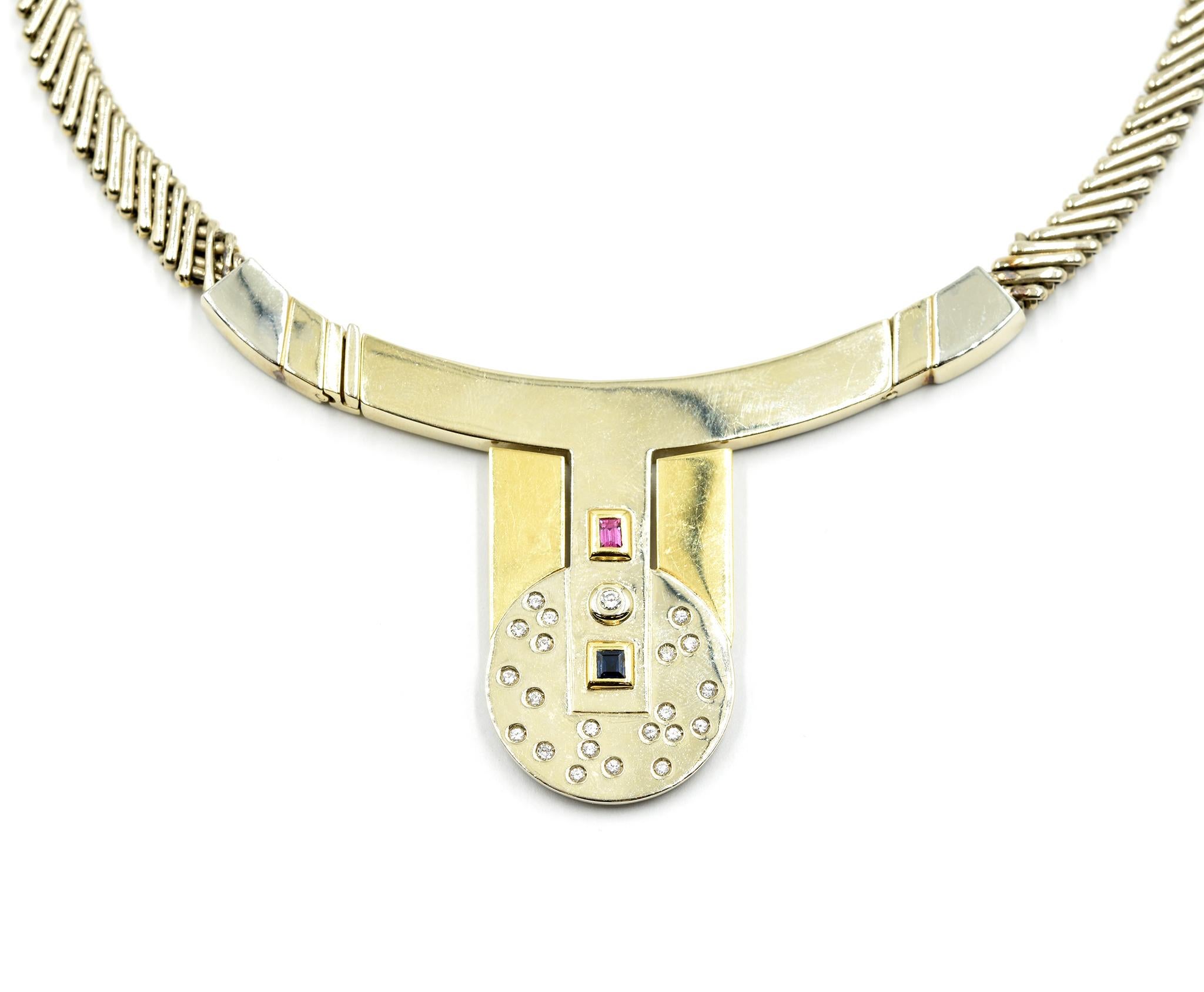 Collar Manfredi 18 Kilates Dos Tonos Diamante, Rubí y Zafiro Moderno en venta