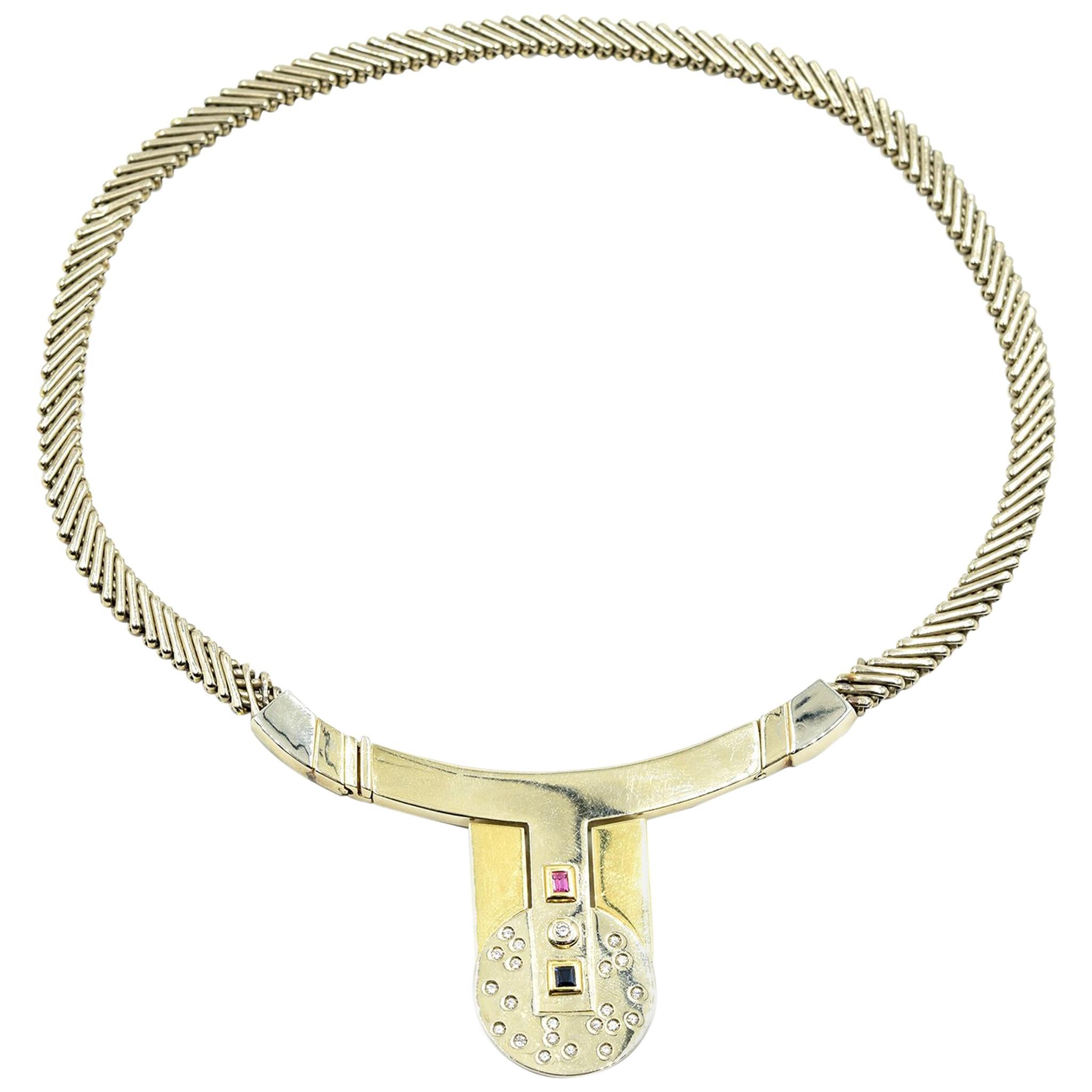 Manfredi 18 Karat Two-Tone Diamond, Ruby, Sapphire Collar Necklace For Sale