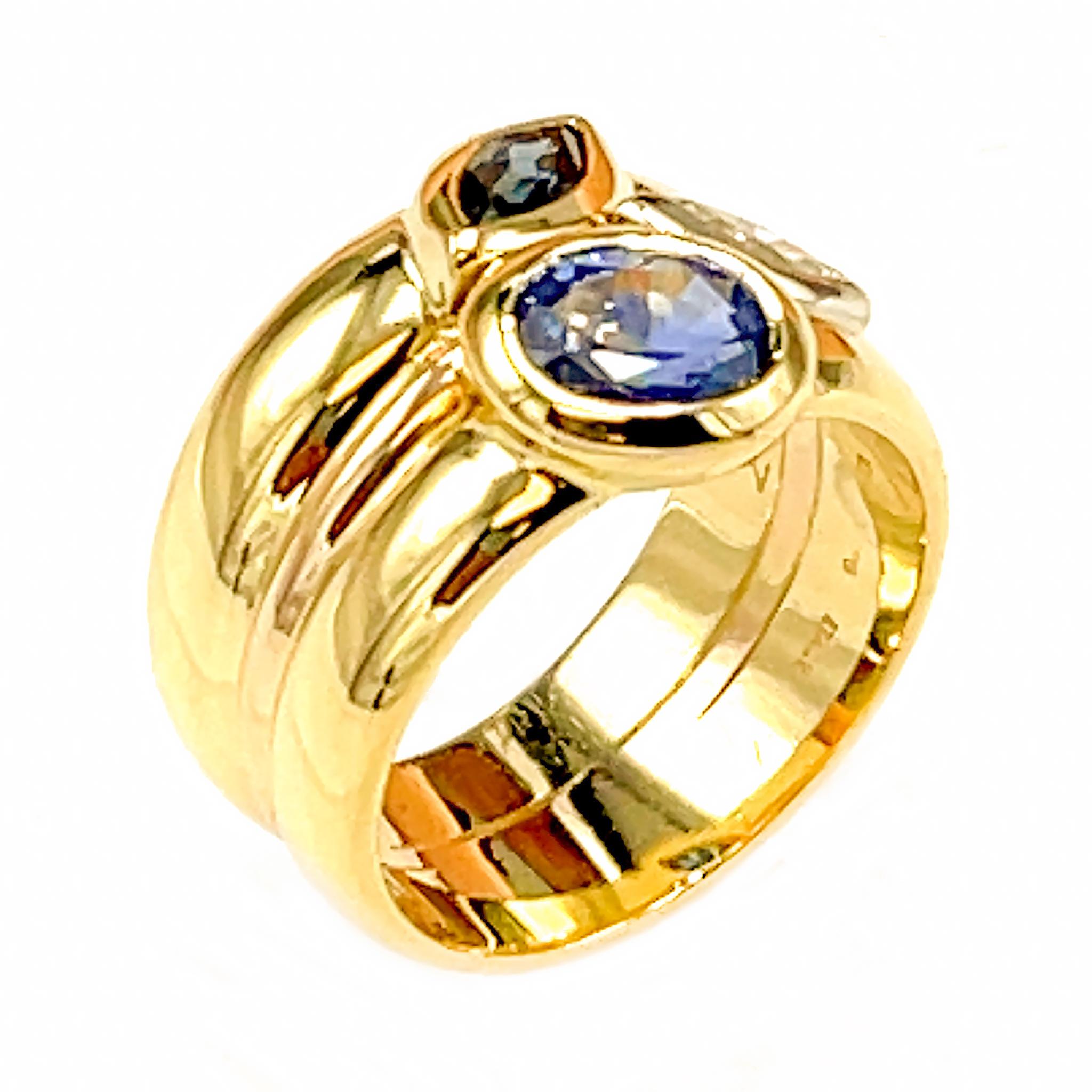 Manfredi 18kt Yellow Gold Diamond and Sapphire Wide Ring For Sale at ...