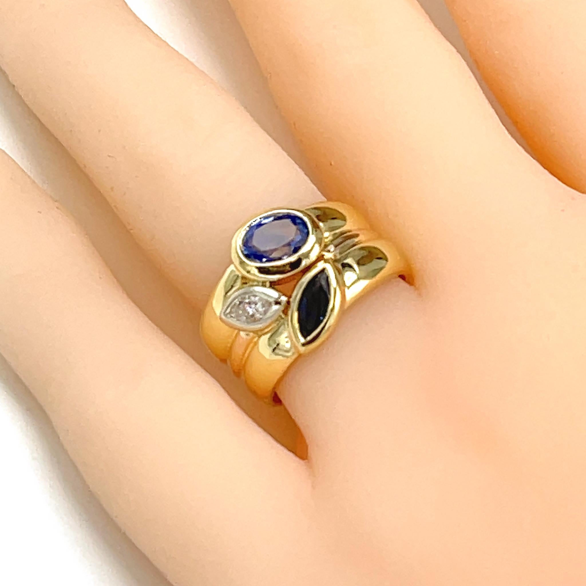 Manfredi: 18 Karat Gelbgold breiter Diamant- und Saphirring (Marquiseschliff)