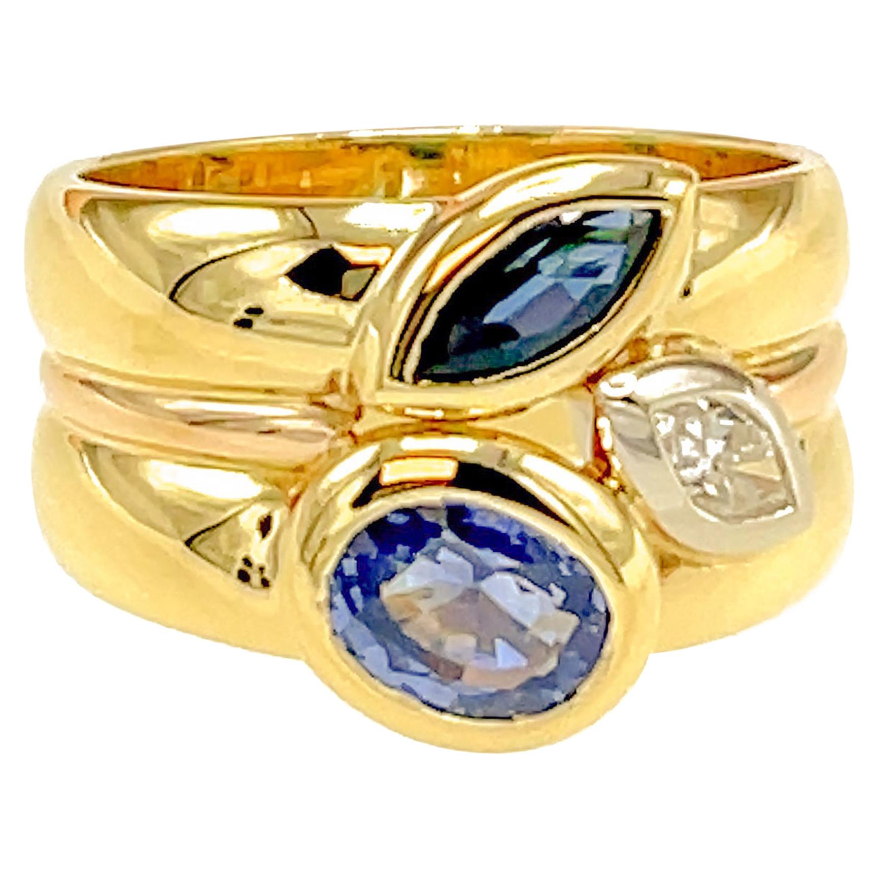 Manfredi 18kt Yellow Gold Diamond and Sapphire Wide Ring For Sale