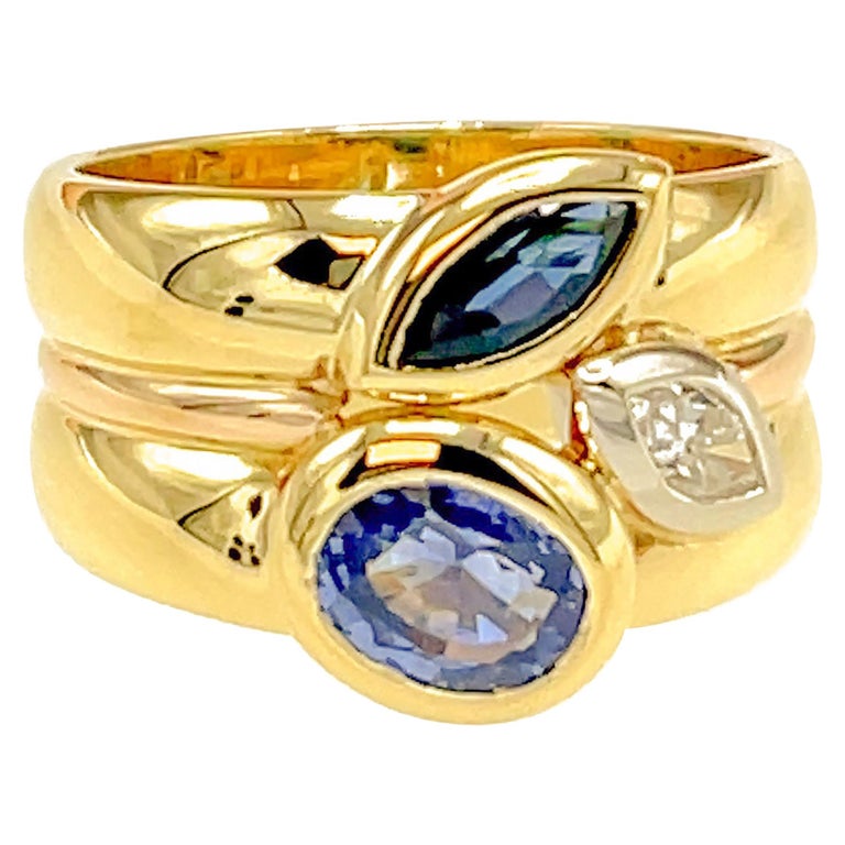 Manfredi 18kt Yellow Gold Diamond and Sapphire Wide Ring For Sale at 1stDibs