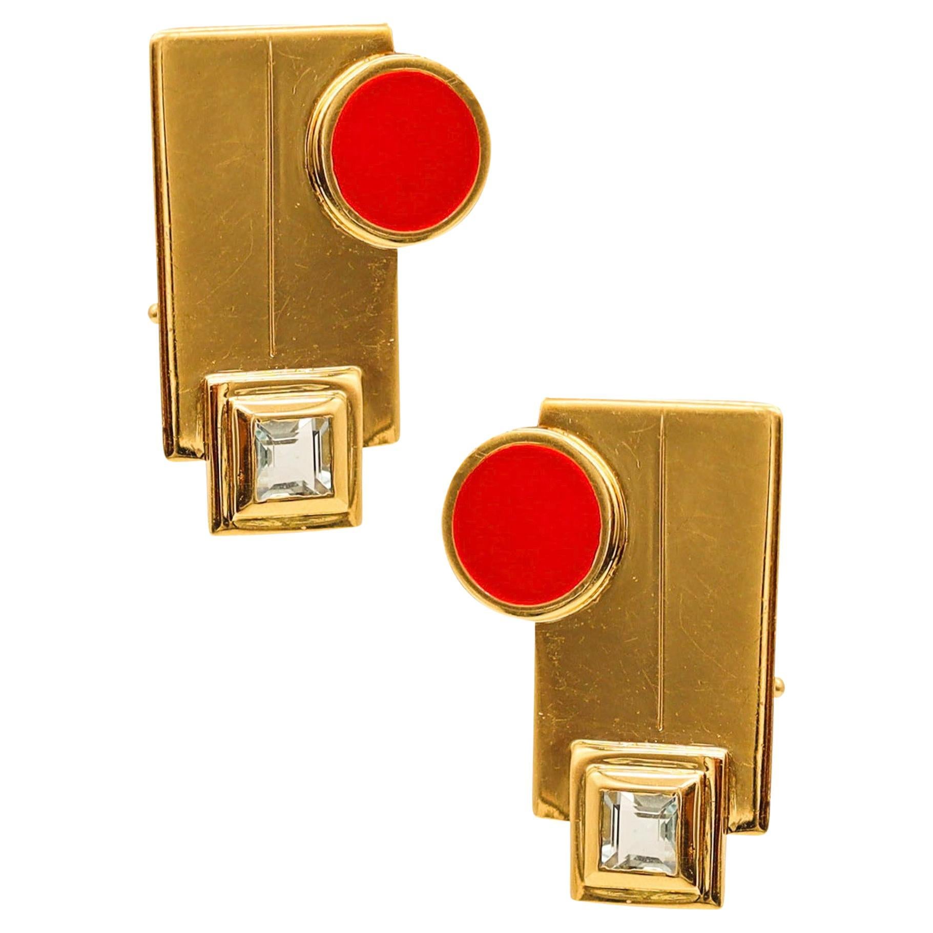 Manfredi 1990 Geometric Red Earrings In 18Kt Yellow Gold With Two Aquamarines For Sale