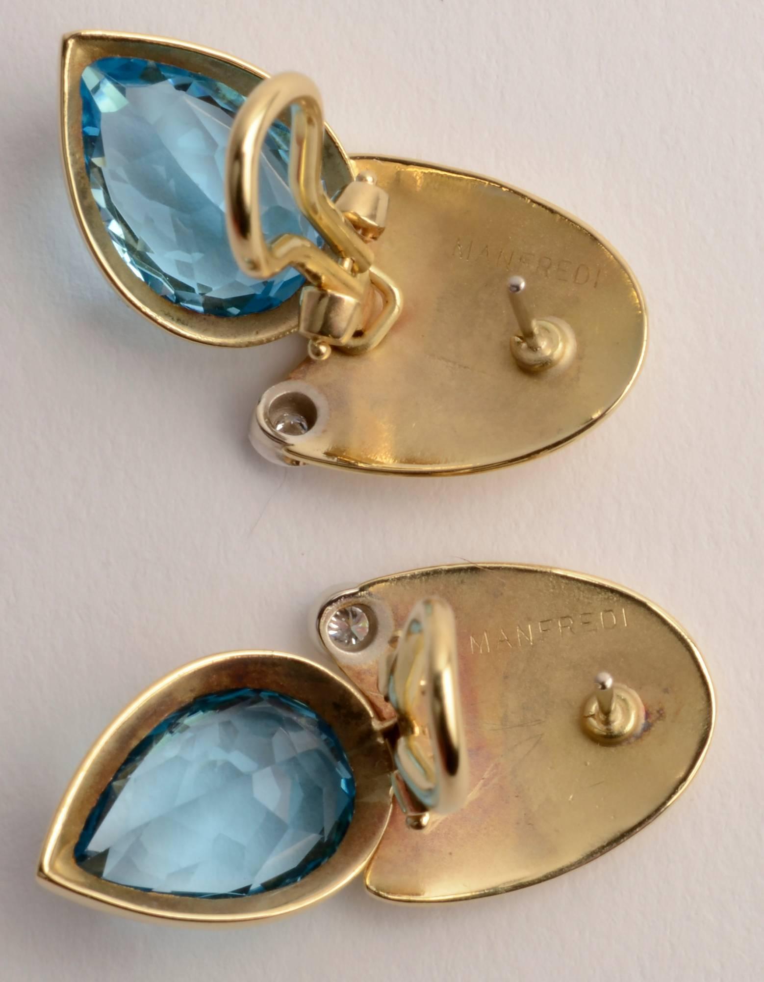 Brilliant Cut Manfredi Blue Topaz with Diamond Earrings For Sale