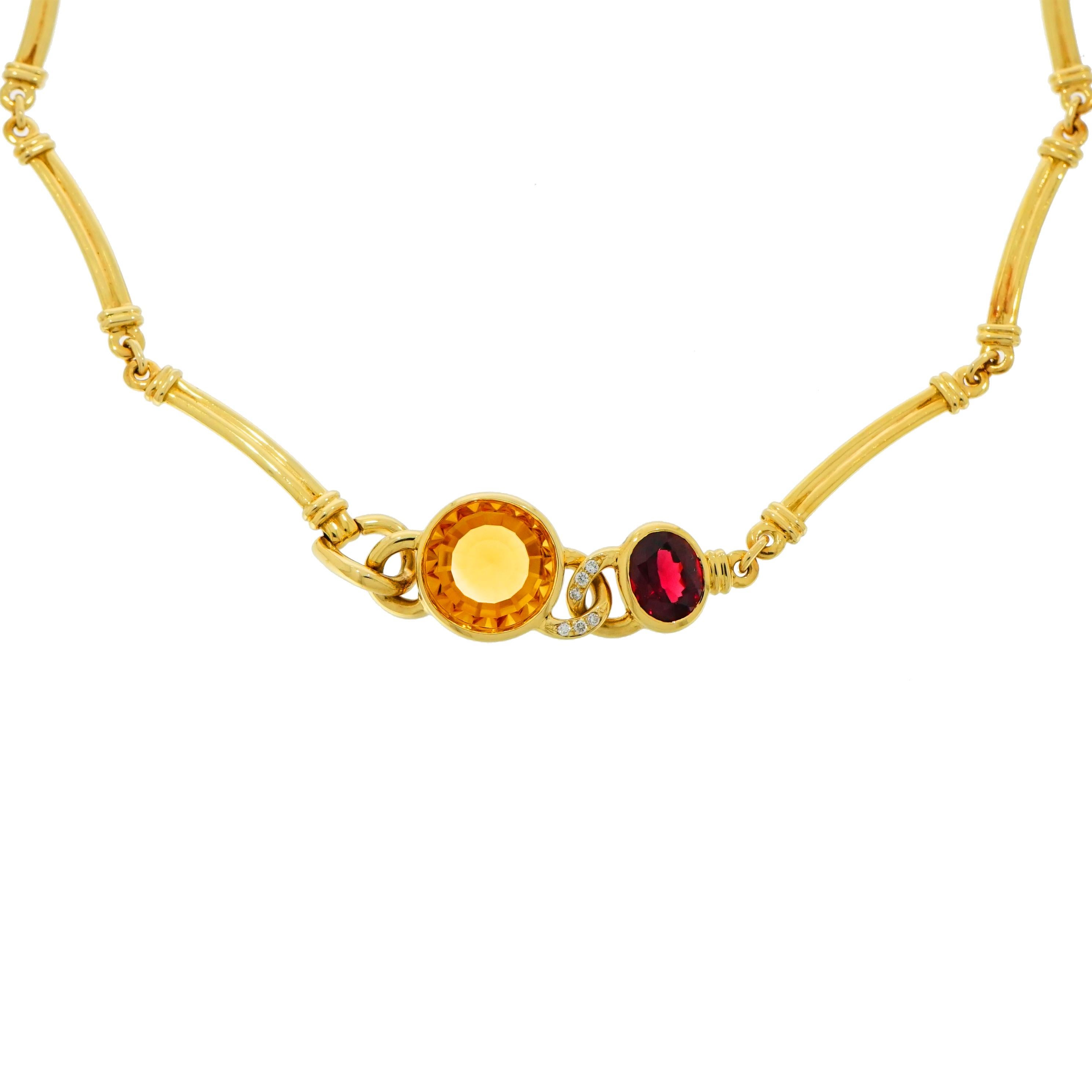 An exquisite Manfredi (Italy) design. Handcrafted in 18k Yellow Gold and featuring a Round Citrine and Oval Garnet with Diamond accent.
Signed by Manfredi.
Length of the necklace is 17 inches.