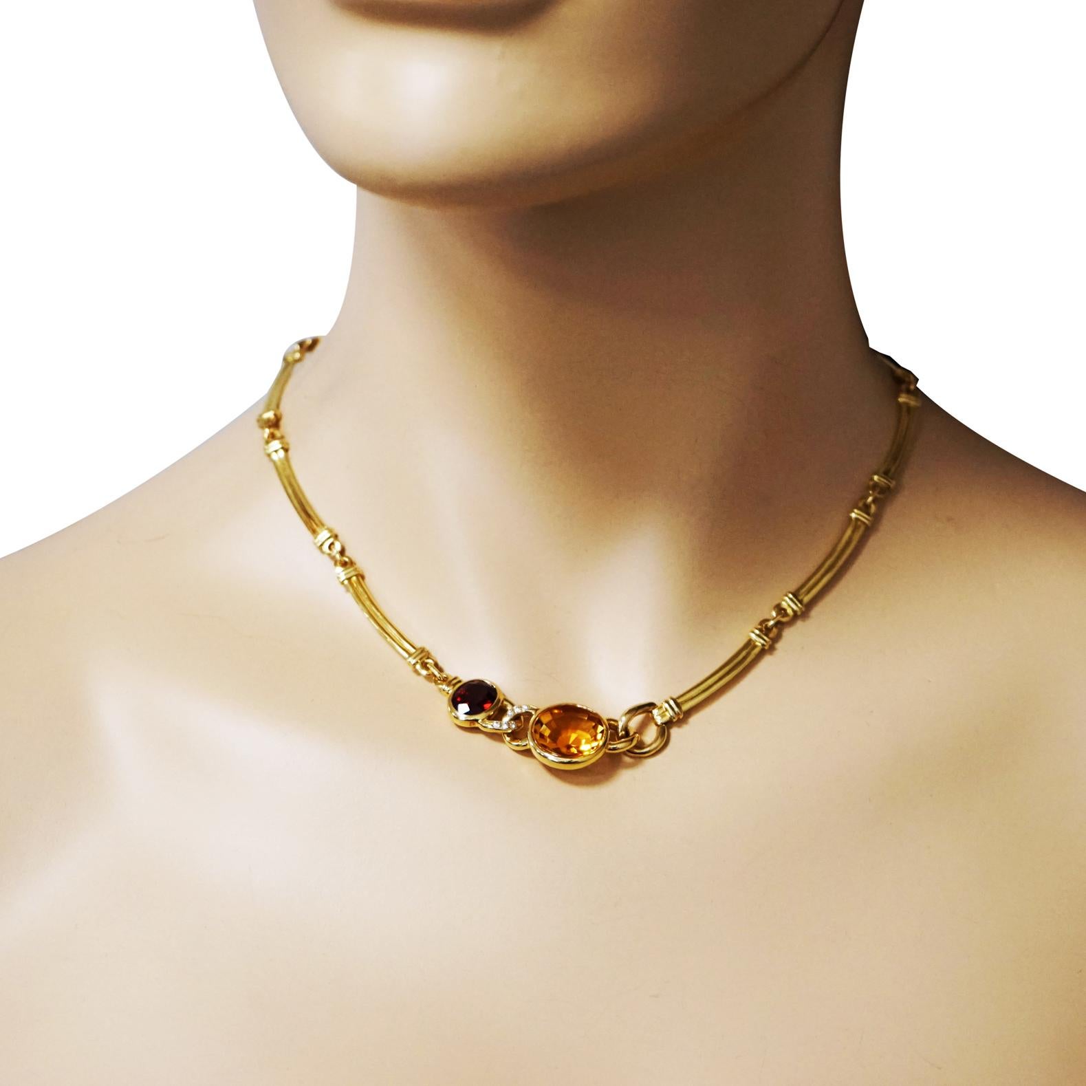 Manfredi Citrine, Garnet and Diamond Yellow Gold Necklace In Excellent Condition In Greenwich, CT