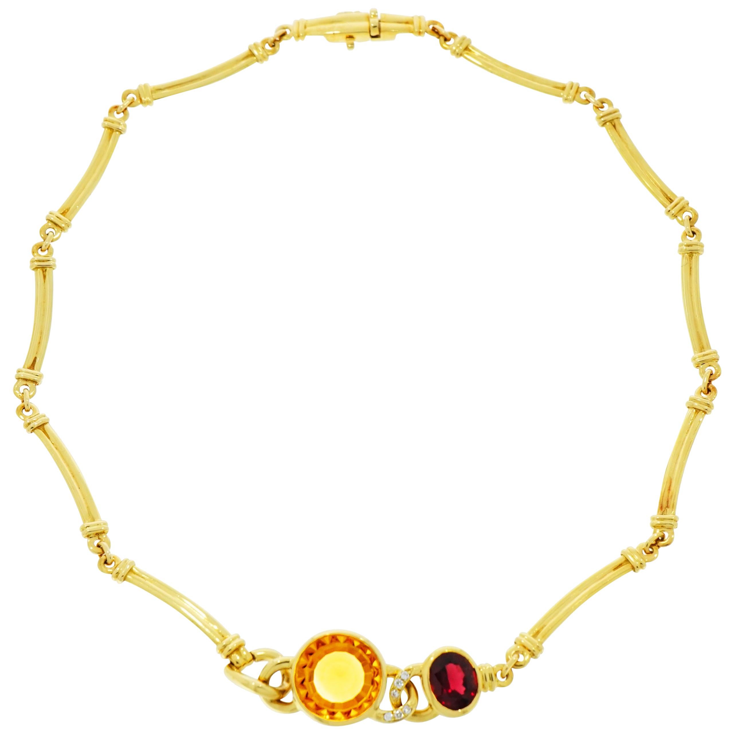 Manfredi Citrine, Garnet and Diamond Yellow Gold Necklace