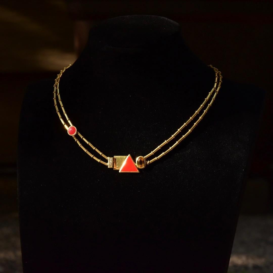 Manfredi Italienisch Modernist 18K Emaille Edelstein Halskette & Clip-Ohrringe (Rundschliff) im Angebot