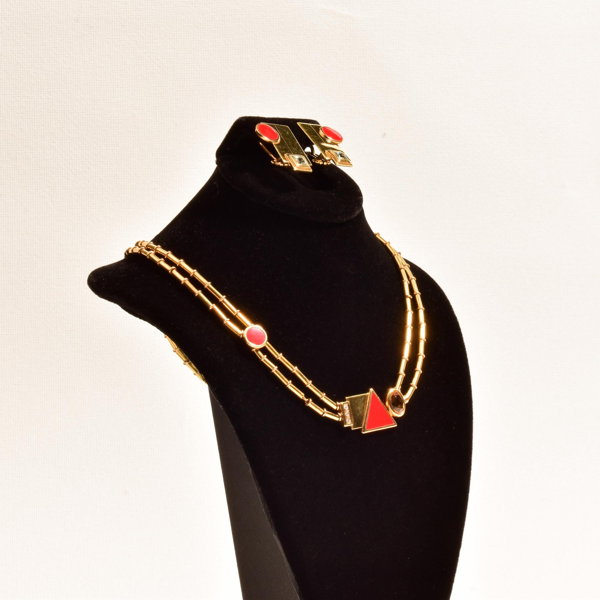 Manfredi Italienisch Modernist 18K Emaille Edelstein Halskette & Clip-Ohrringe im Angebot 2