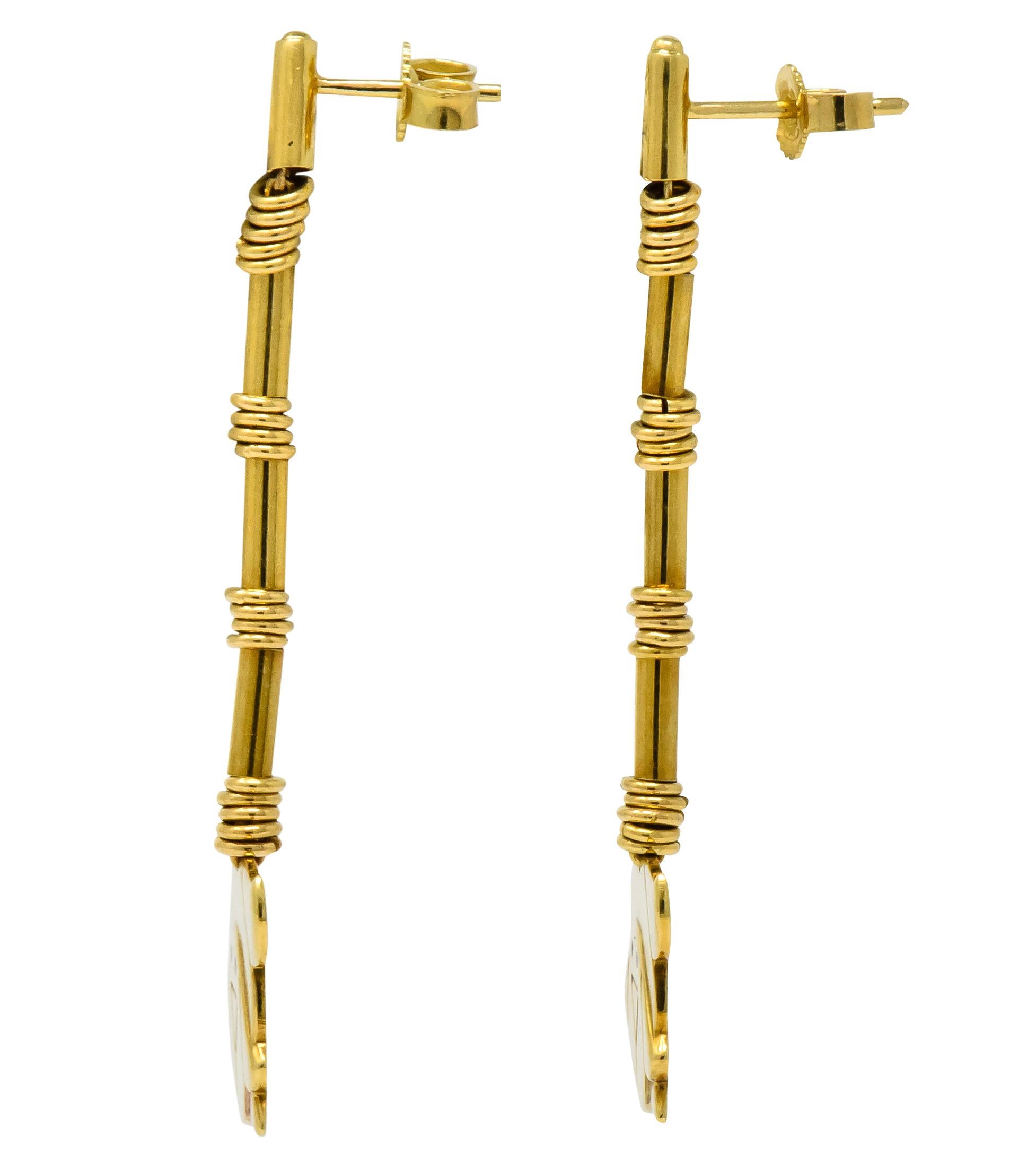 Contemporary Manfredi Vintage Italian Enamel 18 Karat Gold Dog Long Drop Earrings