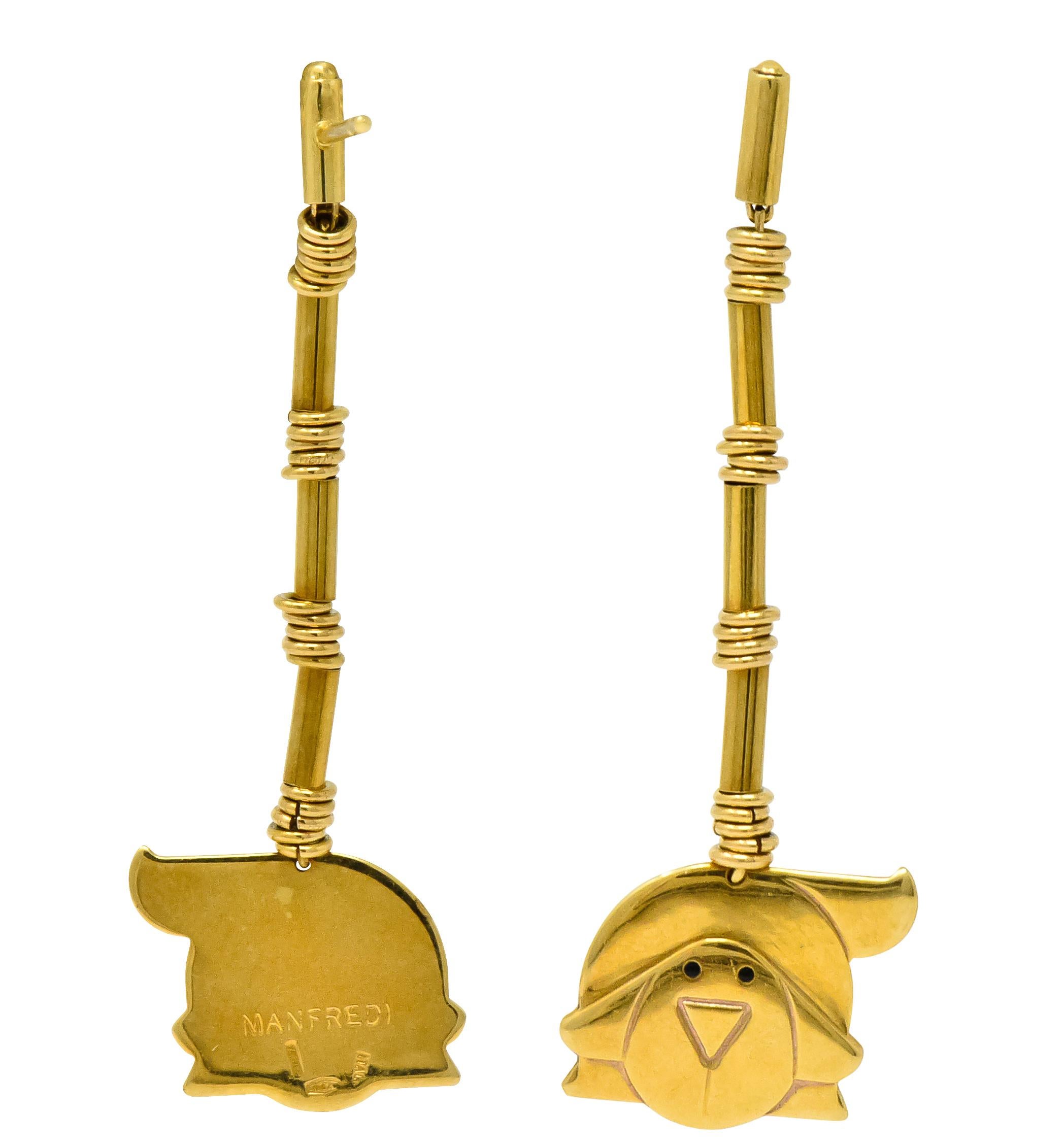 Women's or Men's Manfredi Vintage Italian Enamel 18 Karat Gold Dog Long Drop Earrings