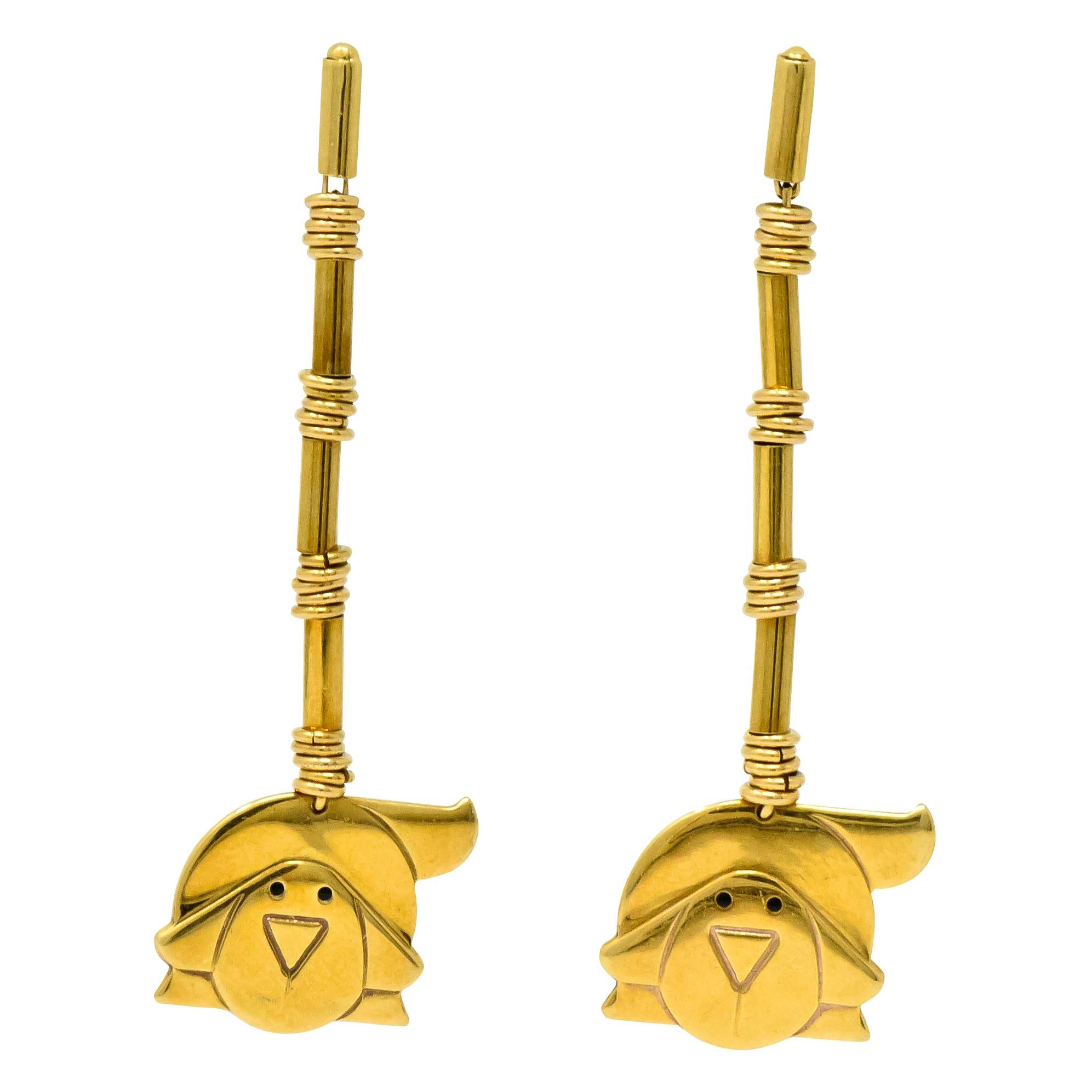 Manfredi Vintage Italian Enamel 18 Karat Gold Dog Long Drop Earrings