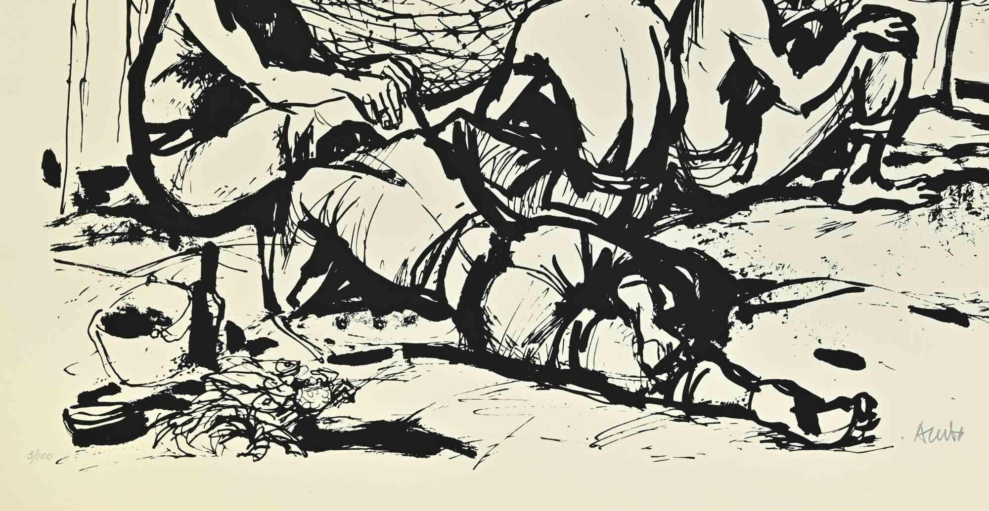 Fishermen – Siebdruck von Manfredo Acerbo – 1970er Jahre im Angebot 1