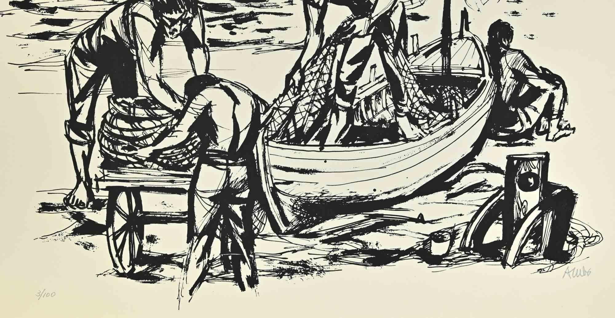 Fishing - Screenprint by Manfredo Acerbo - 1970s For Sale 1