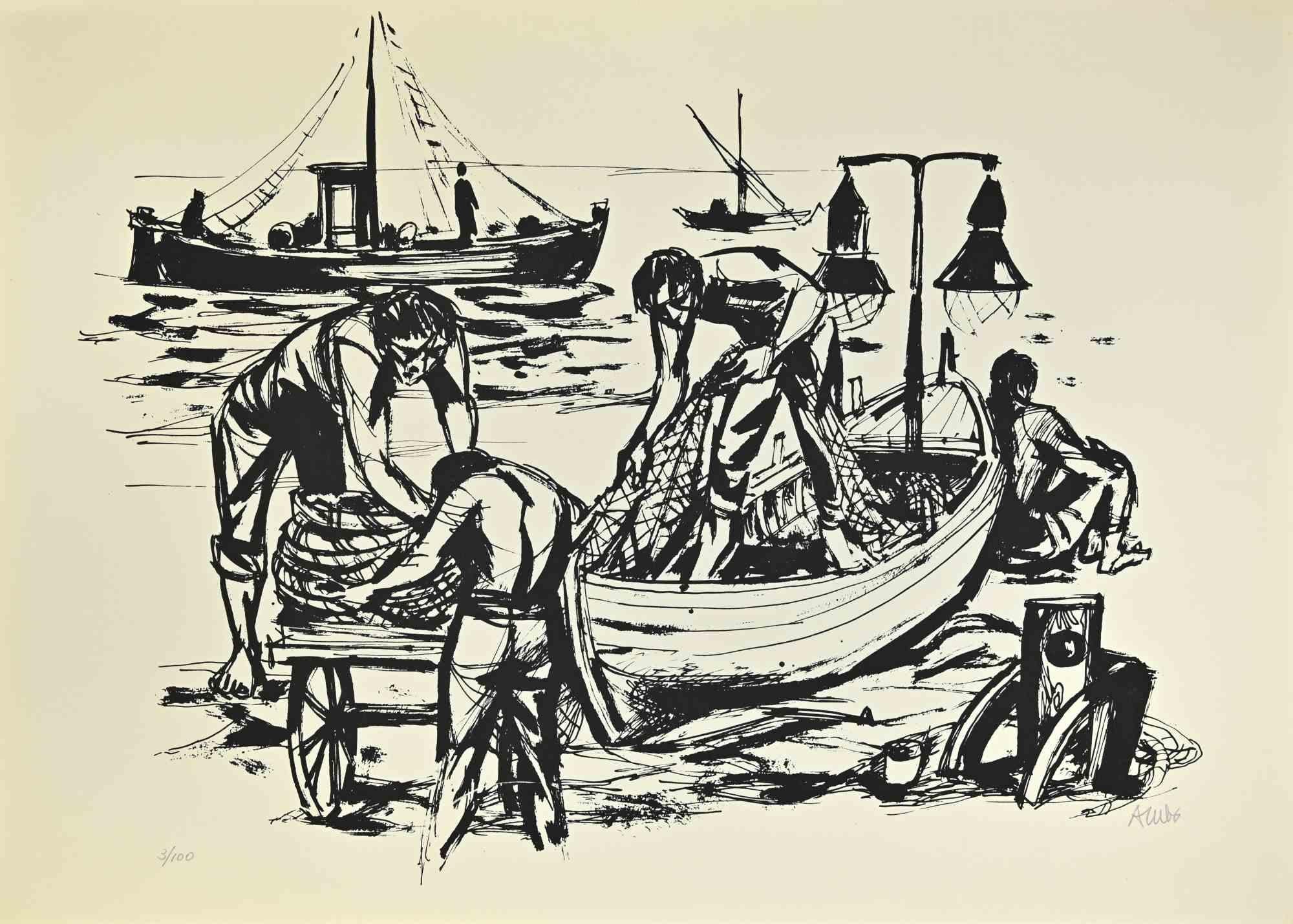 Fishing – Siebdruck von Manfredo Acerbo – 1970er Jahre