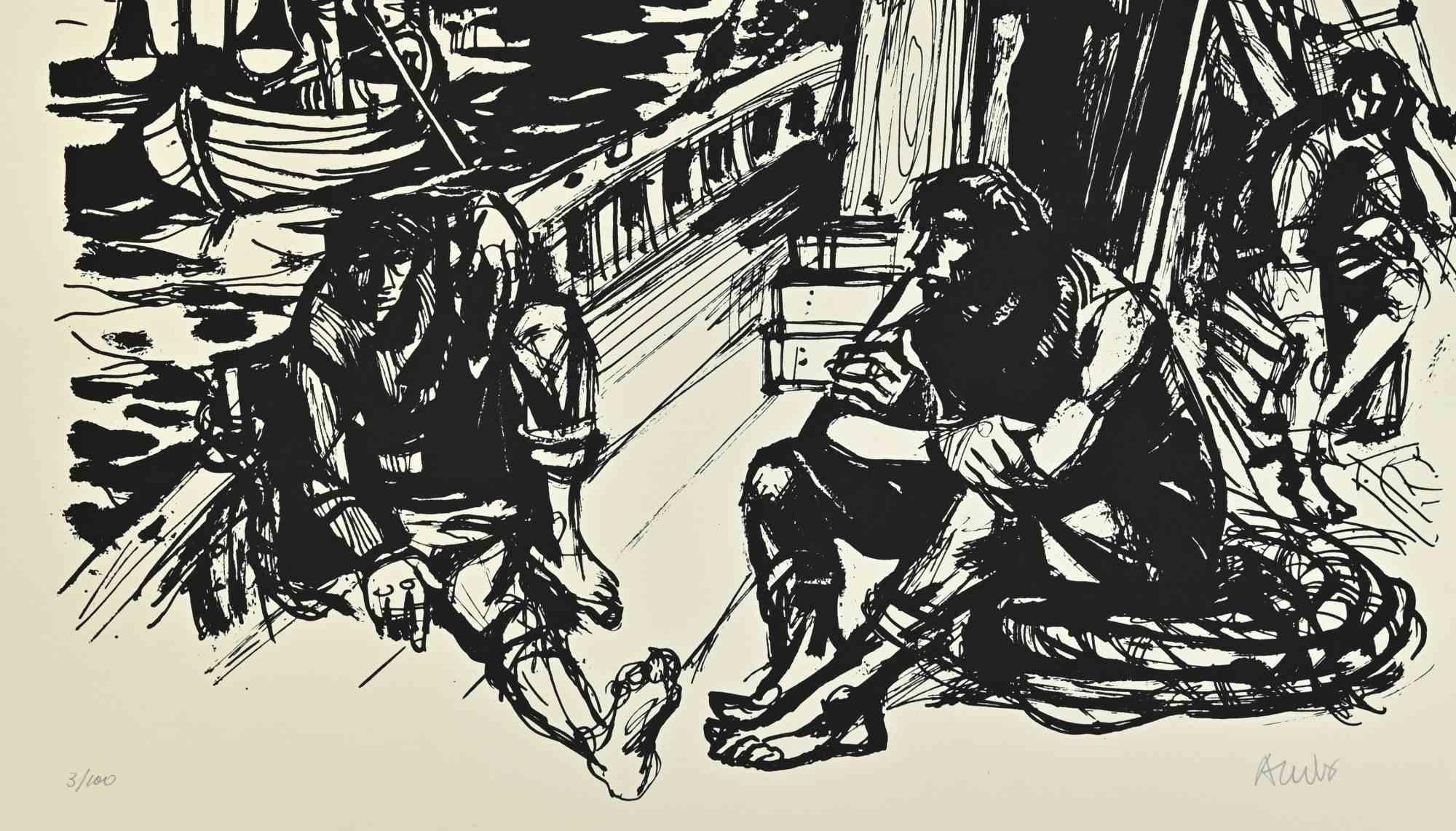 On the Boat – Siebdruck von Manfredo Acerbo – 1970er Jahre im Angebot 1