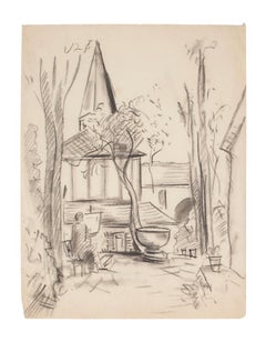 View of the Church (Vue de l'église) - dessin original au crayon par Manfredo Borsi - 1940