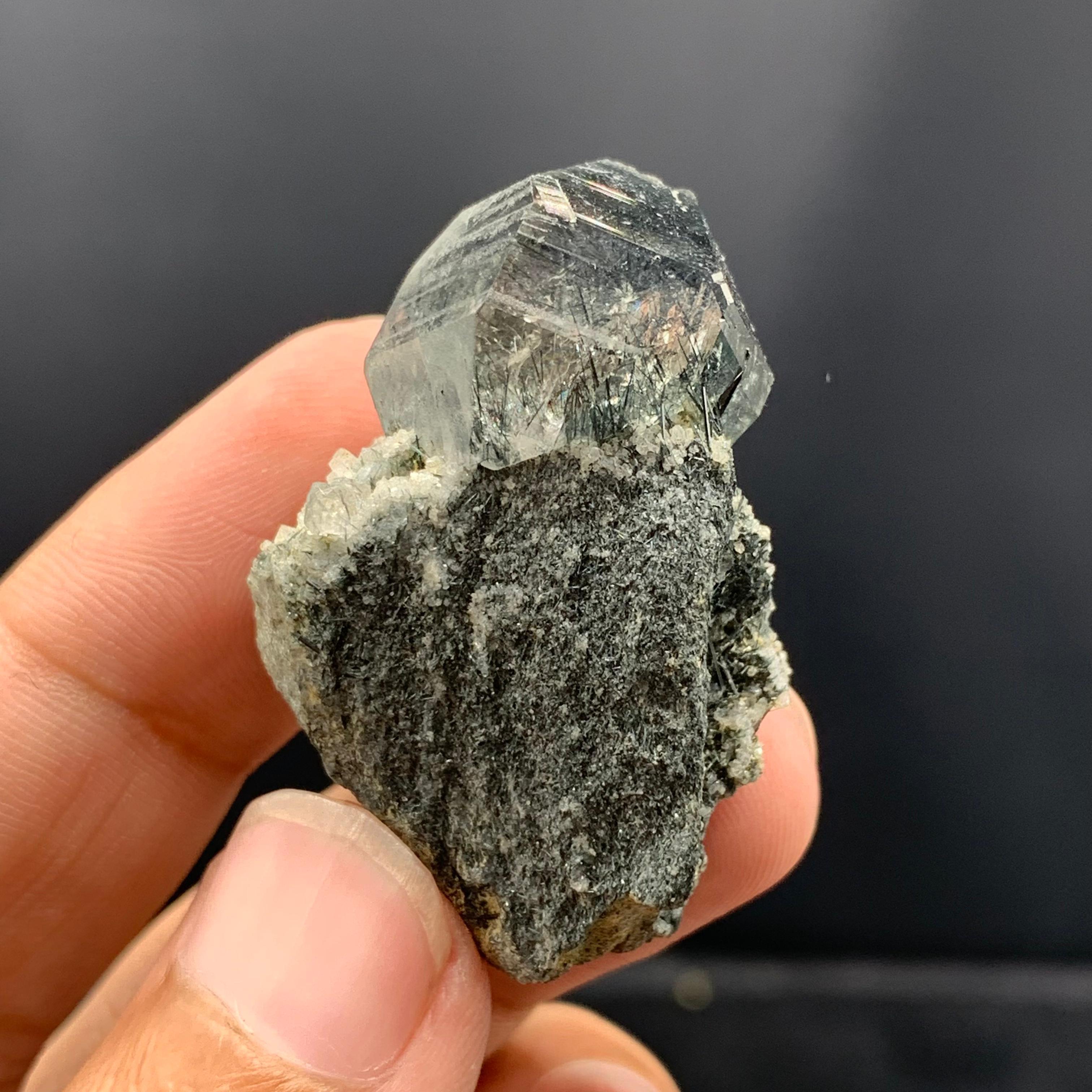 Contemporary Manganeso Riebeckite Rutile Included Blue Quartz Crystal On Matrix For Sale