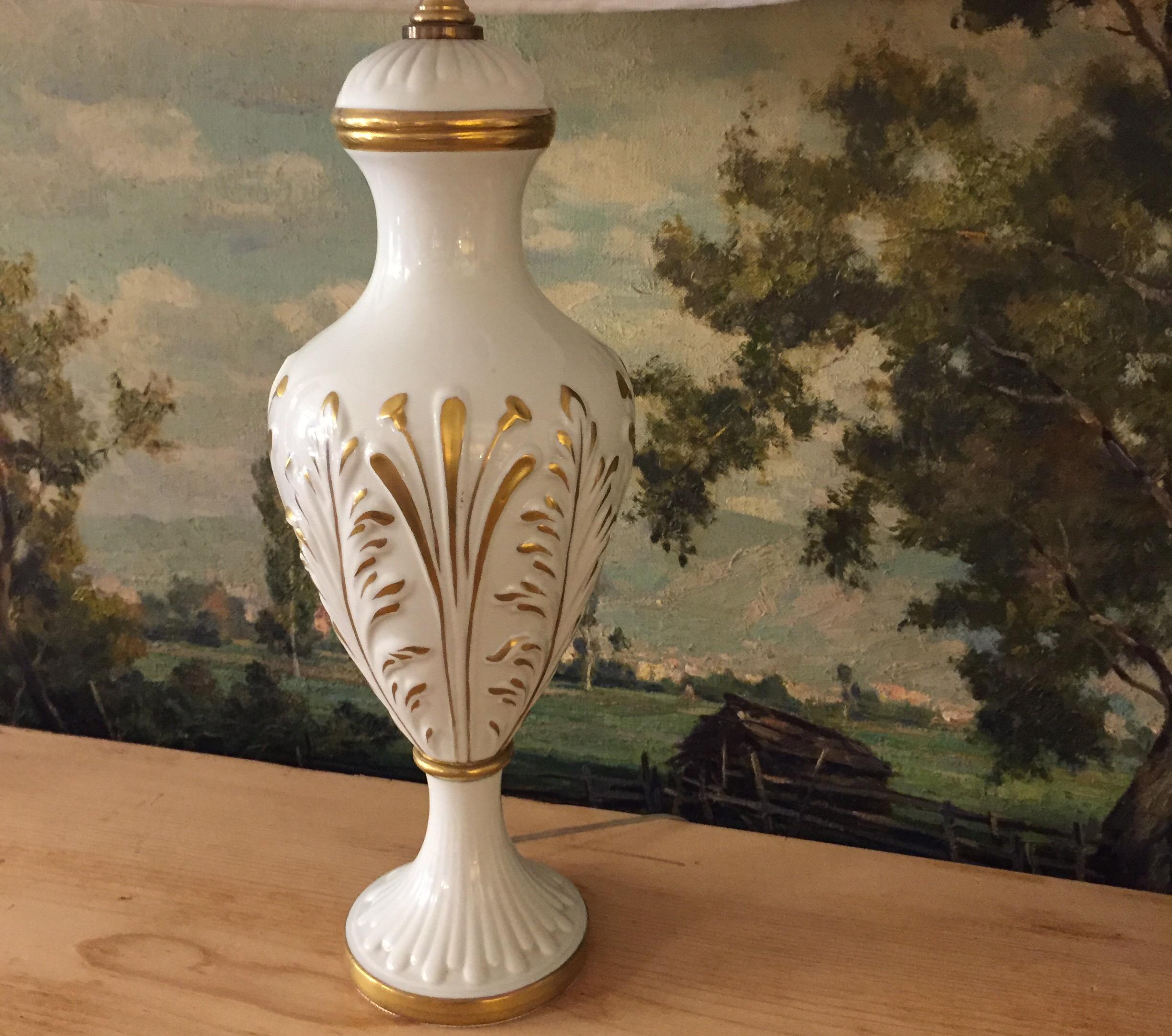 Mangani Firenze Pair of Italian White Table Lamps with Gold Foliate Motiv 11