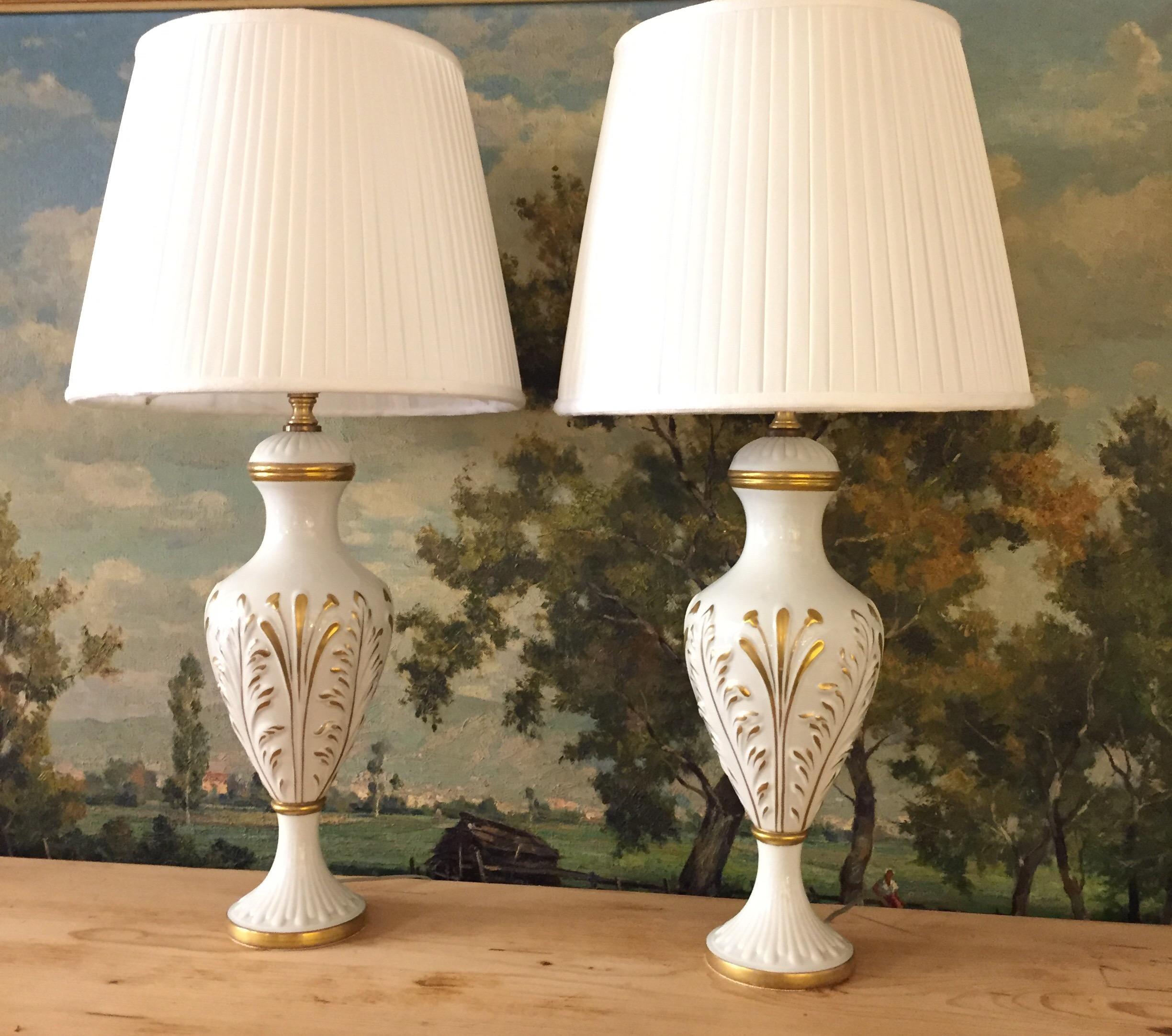 Mangani Firenze Pair of Italian White Table Lamps with Gold Foliate Motiv 1
