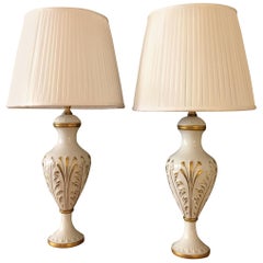 Mangani Firenze Pair of Italian White Table Lamps with Gold Foliate Motiv