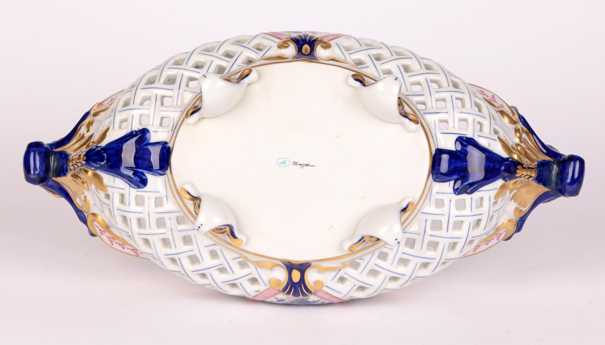 Mangani Italian Porcelain Basket Shaped Floral Painted Centrepiece For Sale 6