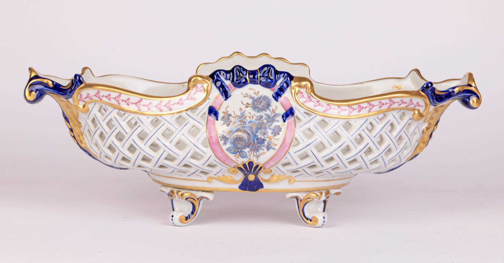 Gilt Mangani Italian Porcelain Basket Shaped Floral Painted Centrepiece For Sale