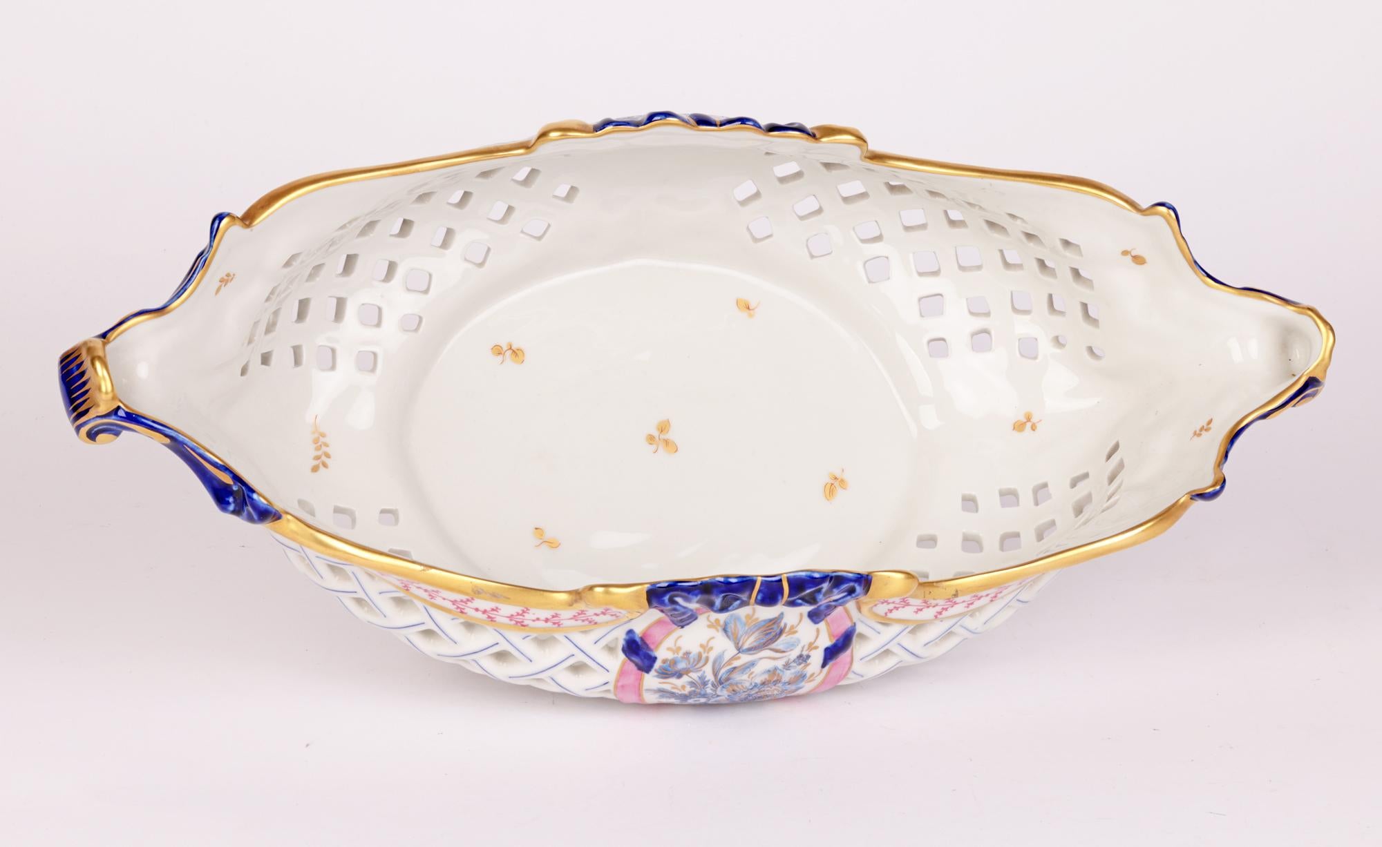 Mangani Italian Porcelain Basket Shaped Floral Painted Centrepiece In Good Condition For Sale In Bishop's Stortford, Hertfordshire