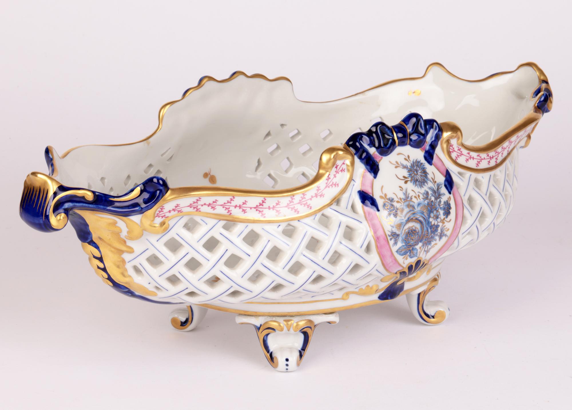 20th Century Mangani Italian Porcelain Basket Shaped Floral Painted Centrepiece For Sale
