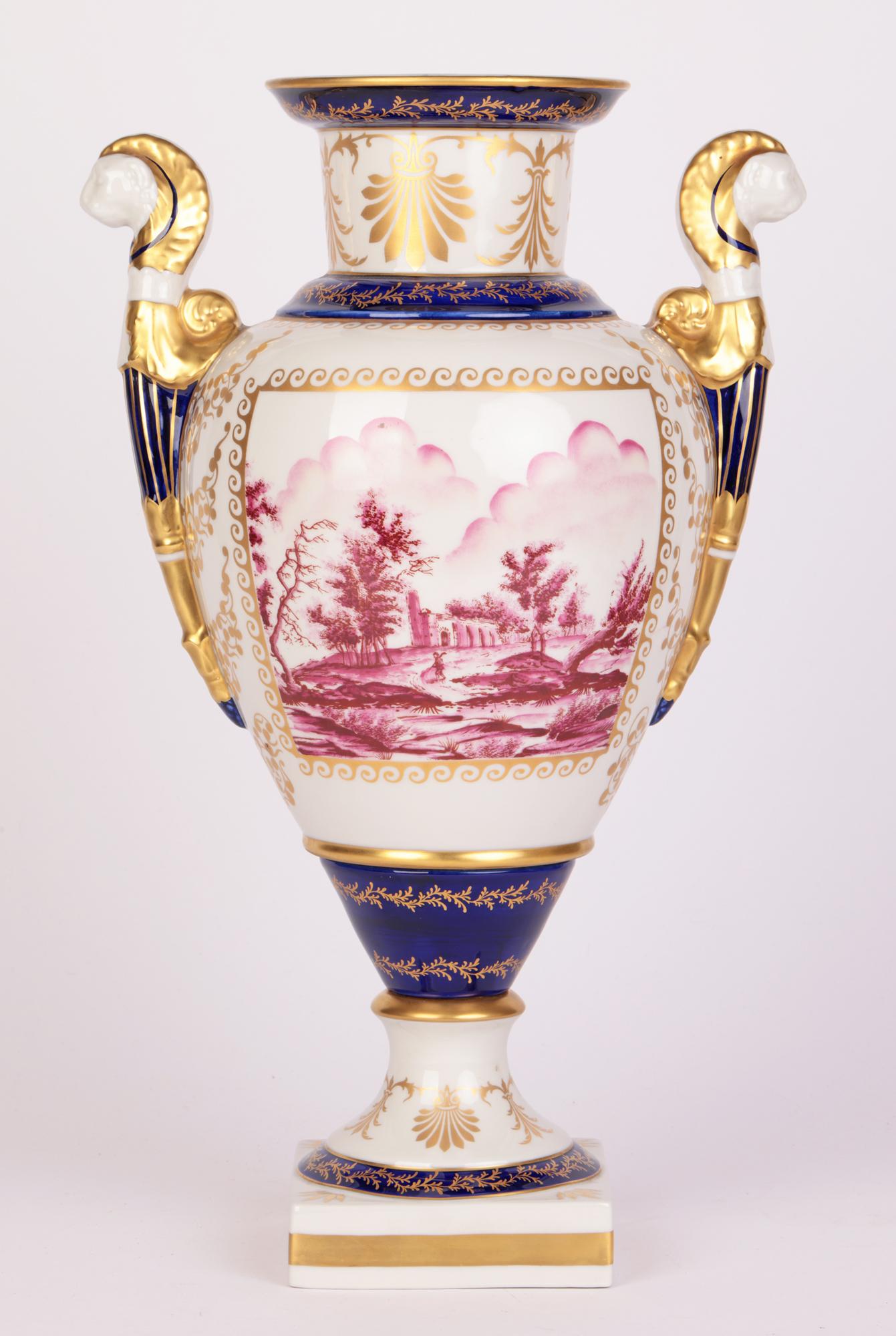 Mangani Italian Porcelain Hand Decorated Twin Handled Vase For Sale 4