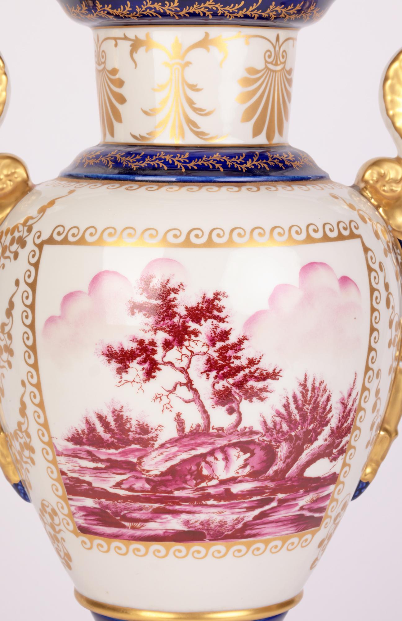Gilt Mangani Italian Porcelain Hand Decorated Twin Handled Vase For Sale